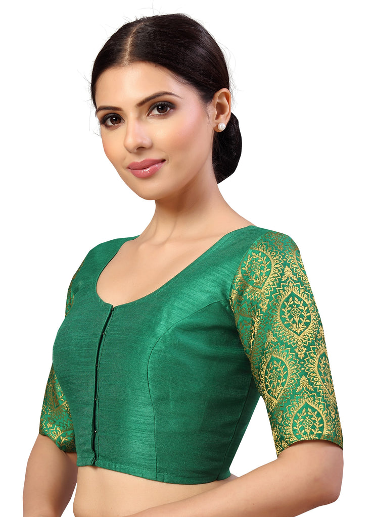Women's s Elbow Length Sleeves Silky Saree Blouse with Brocade Sleeves.