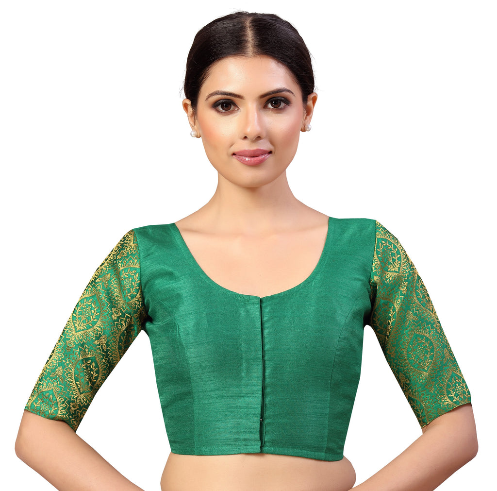 Women's s Elbow Length Sleeves Silky Saree Blouse with Brocade Sleeves.