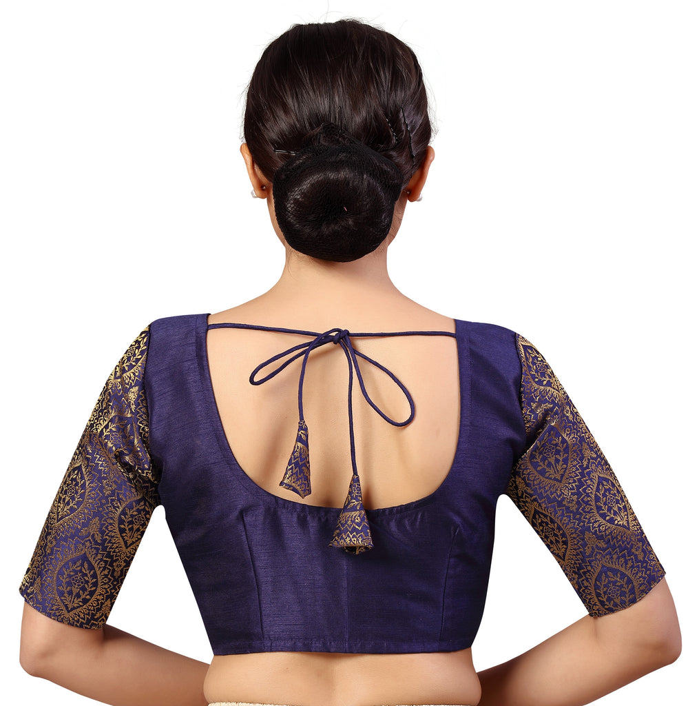Women's s Elbow Length Sleeves Silky Saree Blouse with Brocade Sleeves.