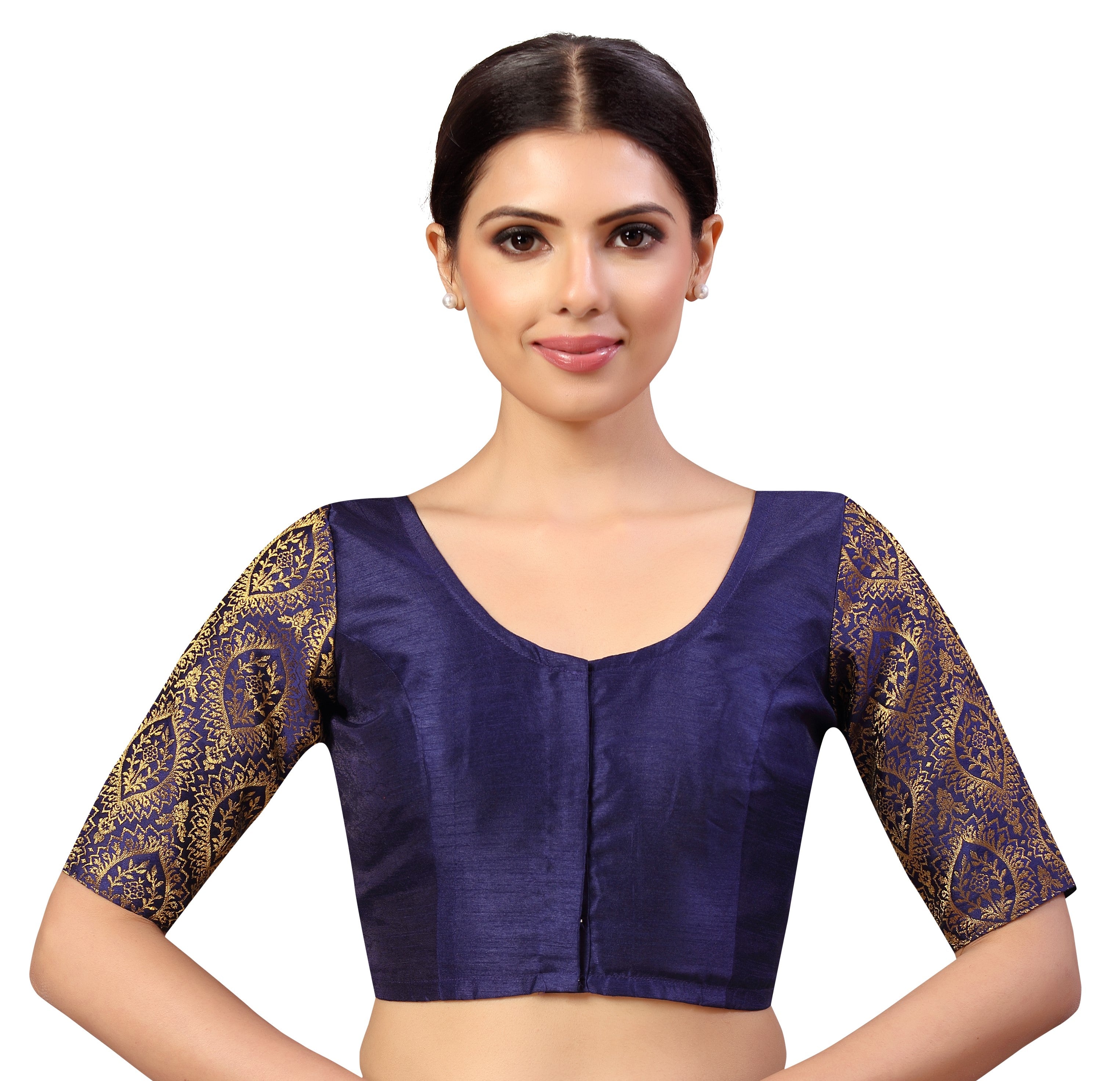 Women's s Elbow Length Sleeves Silky Saree Blouse with Brocade Sleeves. - Shringaar