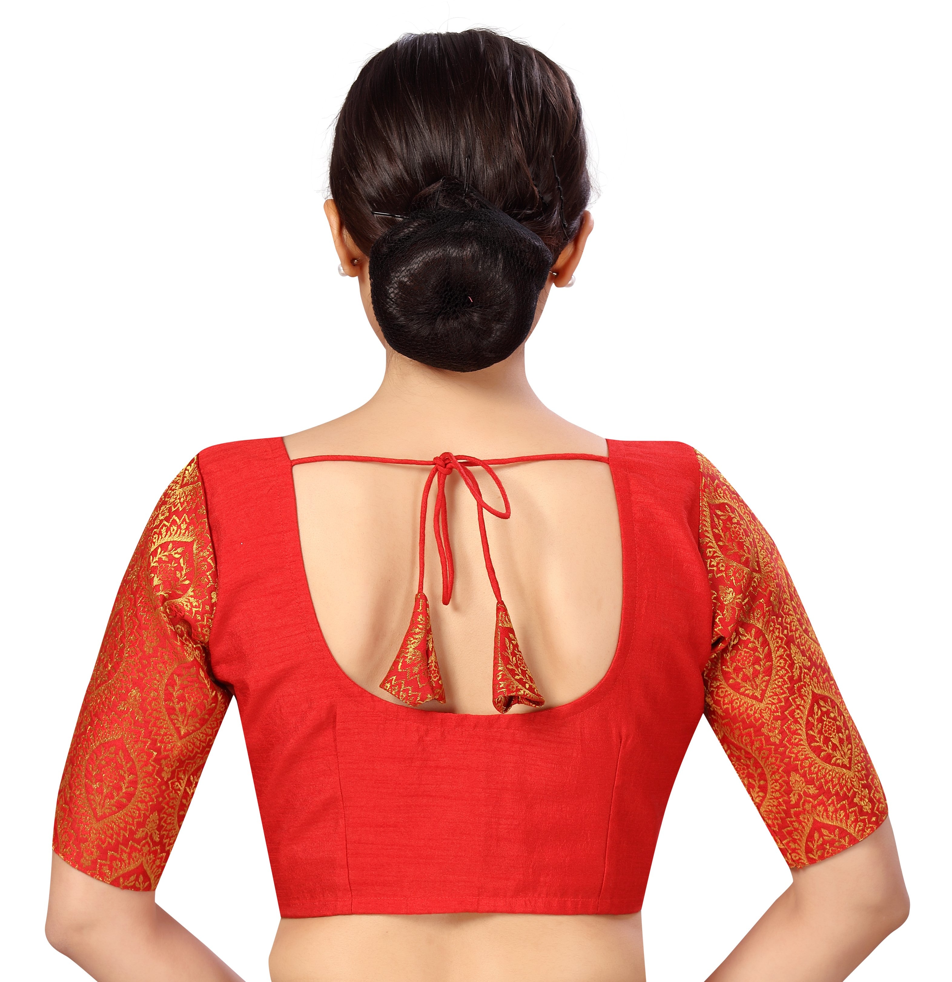 Women's s Elbow Length Sleeves Silky Saree Blouse with Brocade Sleeves. - Shringaar
