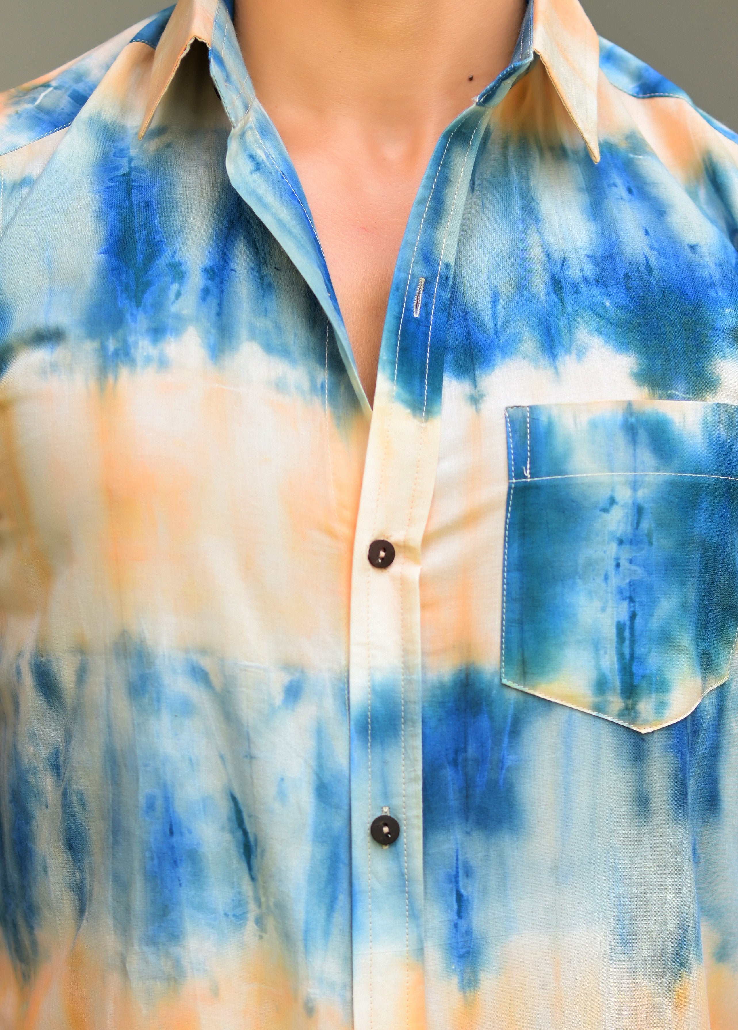 Men's Blue & Beige Hand Dyed Cotton Shirt - Hatheli