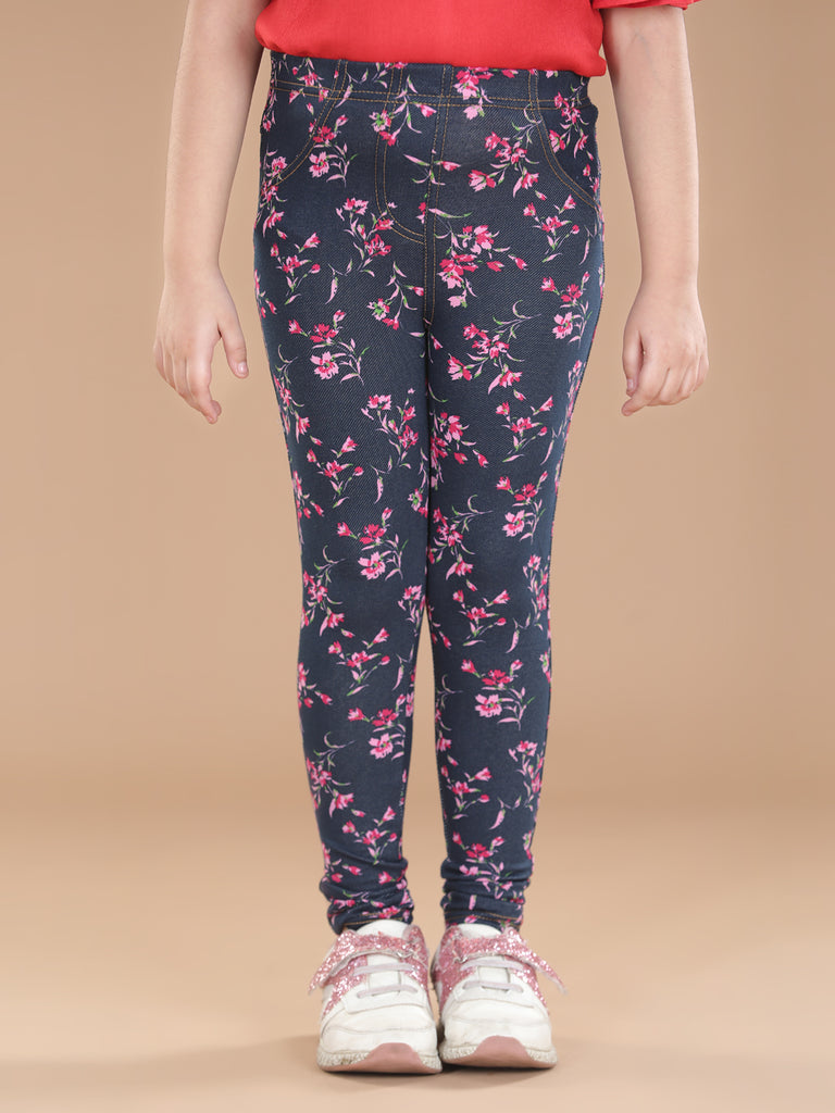 Girl's  Cotton Floral Printed Jegging And Pink Top Set - S