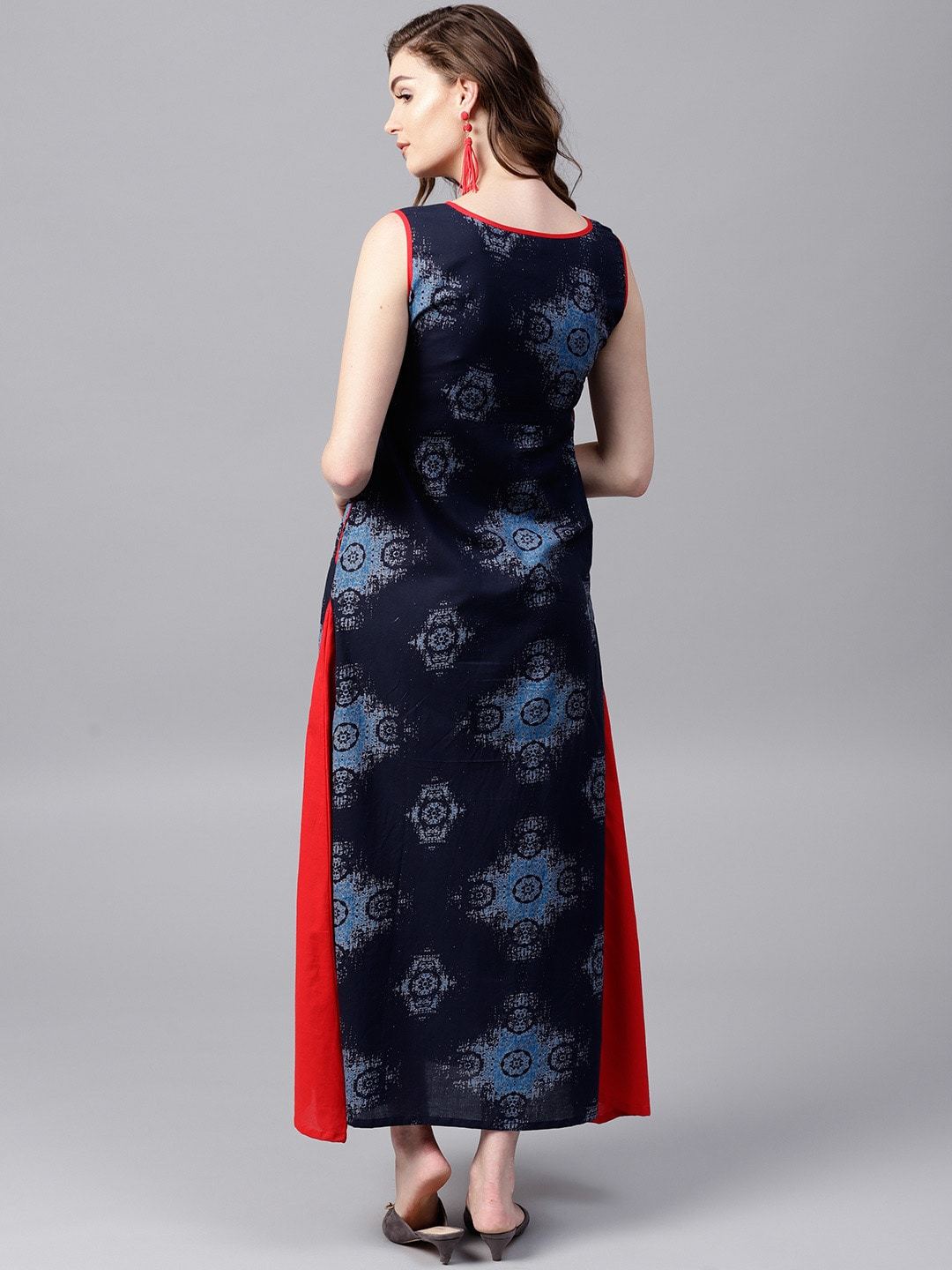 Women's  Navy Blue & Red Printed Maxi Dress - AKS
