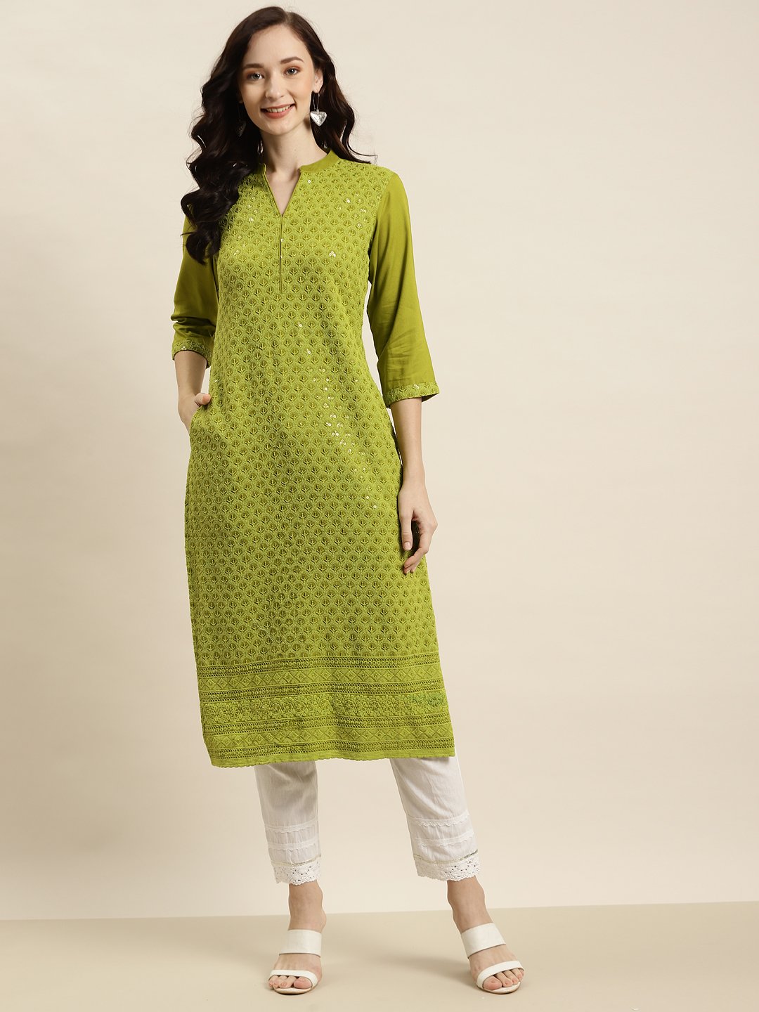 Women's Sagegreen Rayon Embroidered Straight Kurta - Juniper