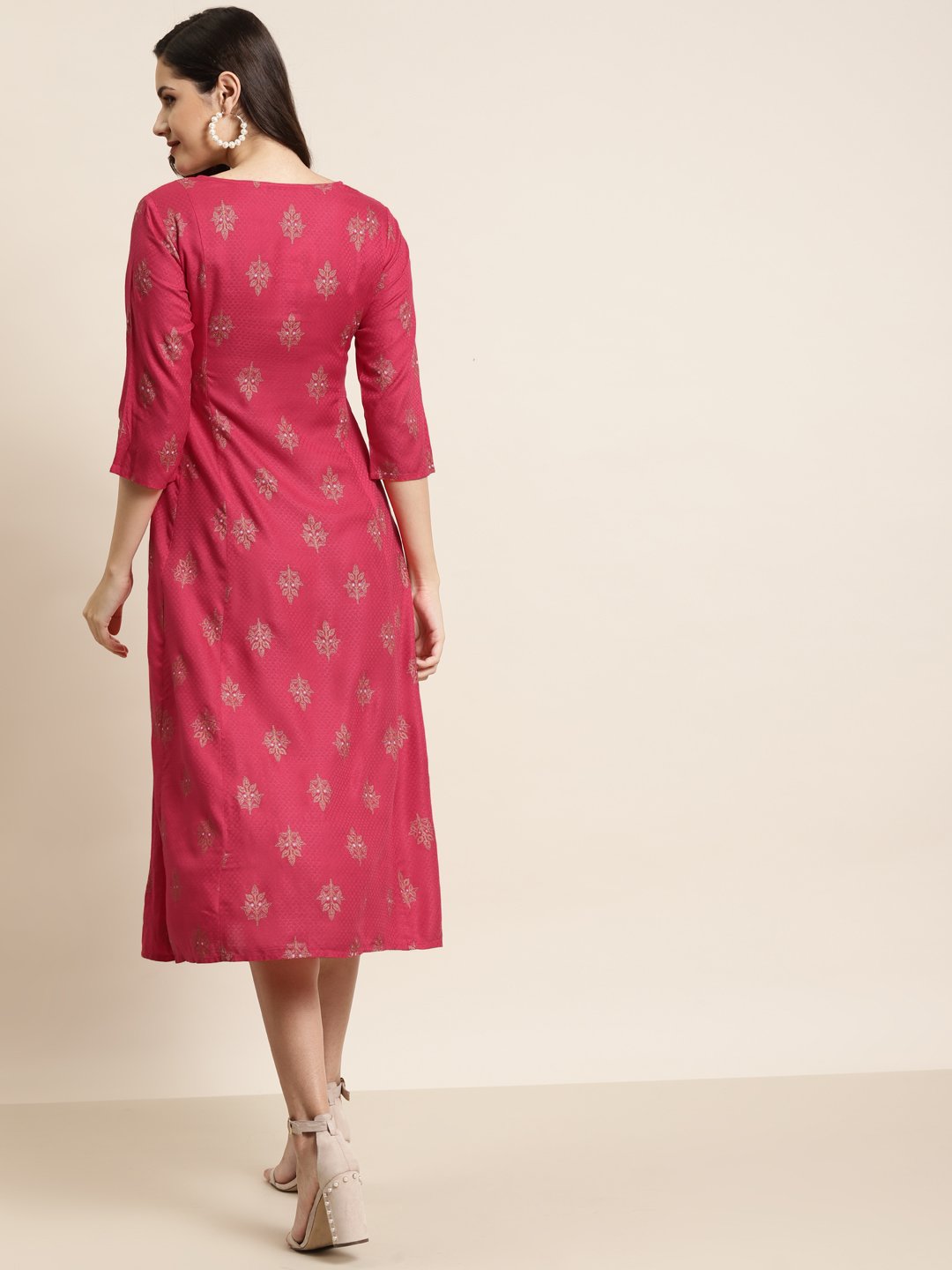 Women's Fuschia Rayon Embroidery A-Line Dress -Juniper