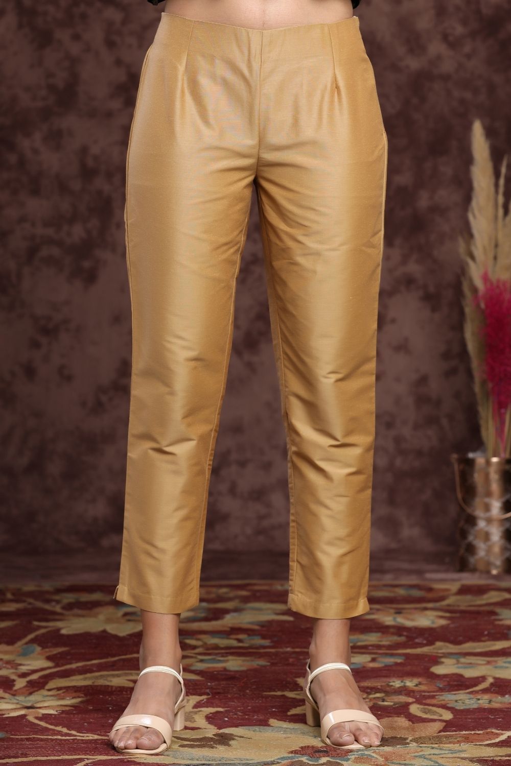 Women's Gold Poly Silk Solid Straight Pants - Juniper