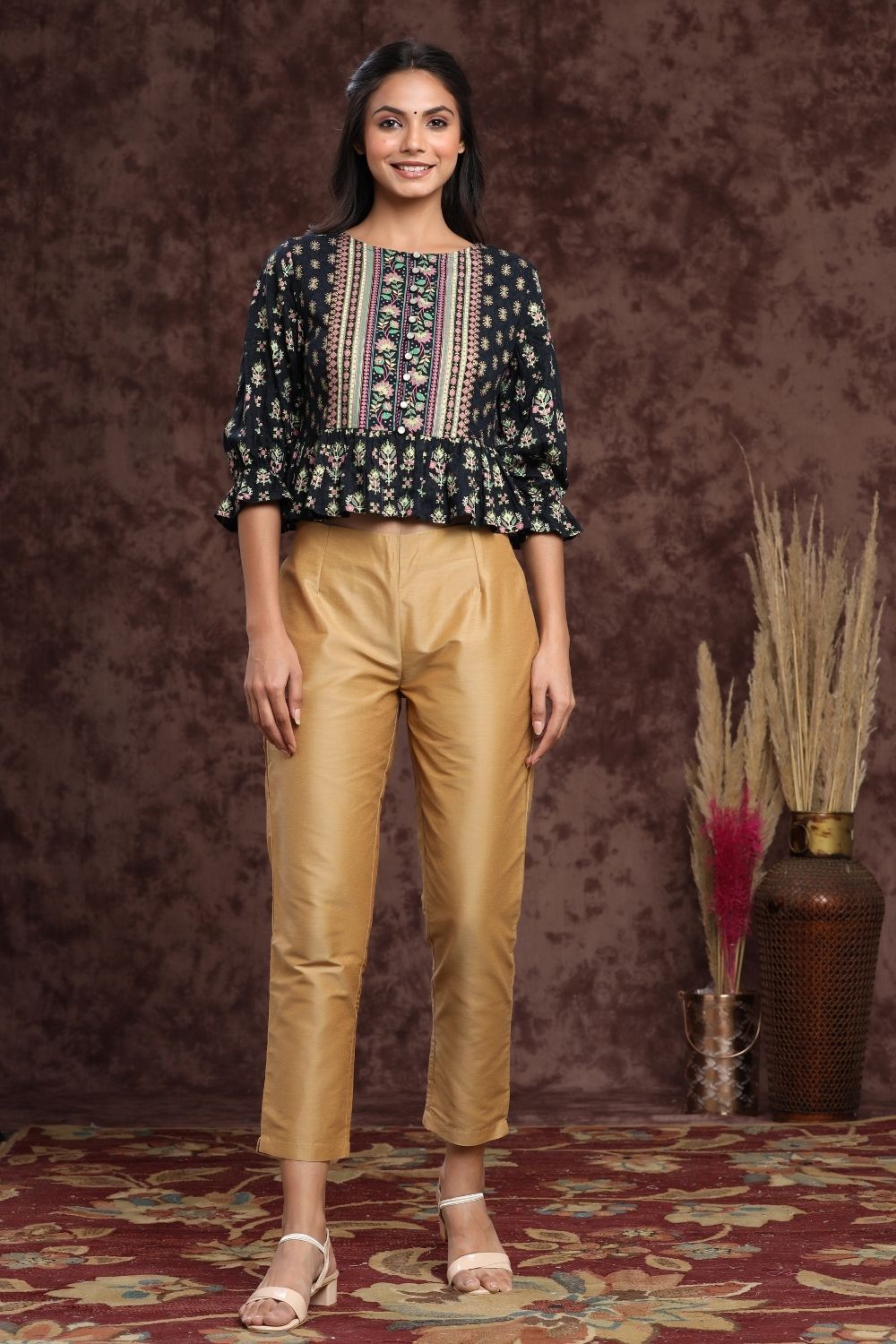Women's Gold Poly Silk Solid Straight Pants - Juniper