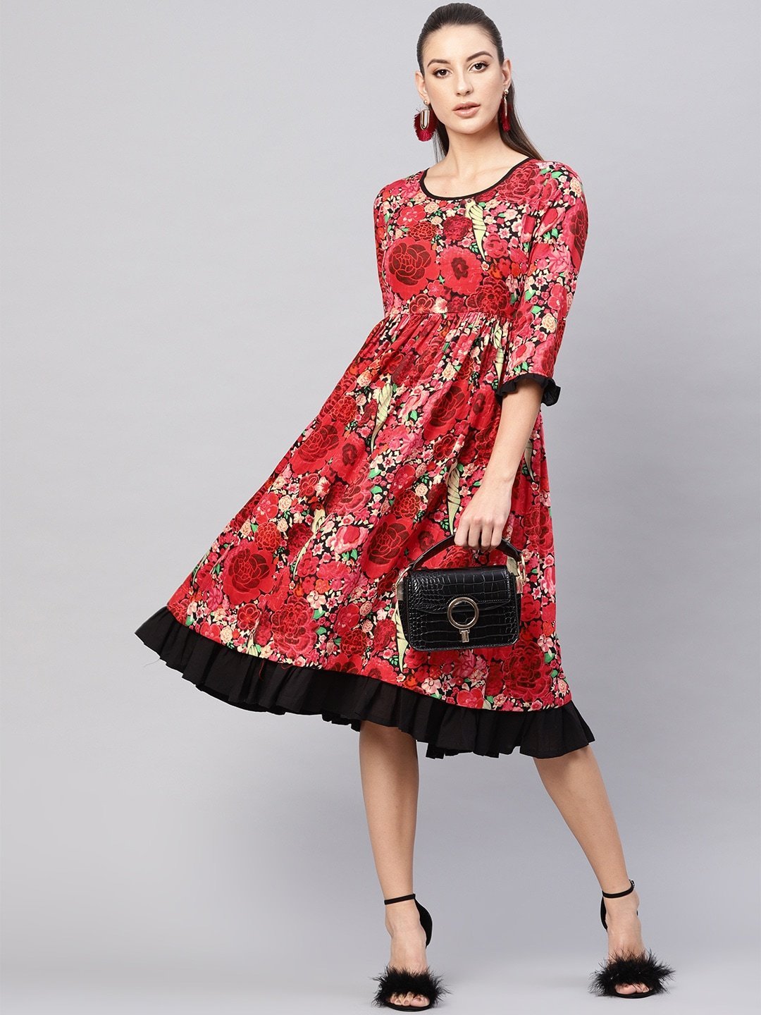 Women's  Red & Black Floral Print Midi A-Line Dress - AKS