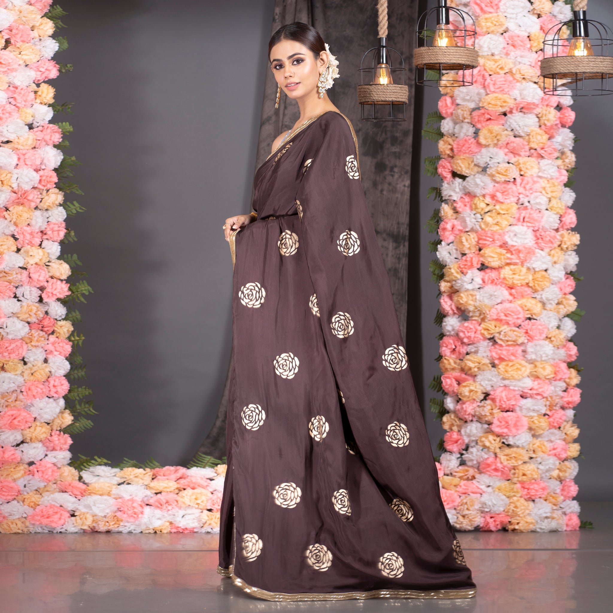 Women's Chocolate Brown Habutai Silk Saree With Gold Print And Hand Embroidered Lace Border - Boveee