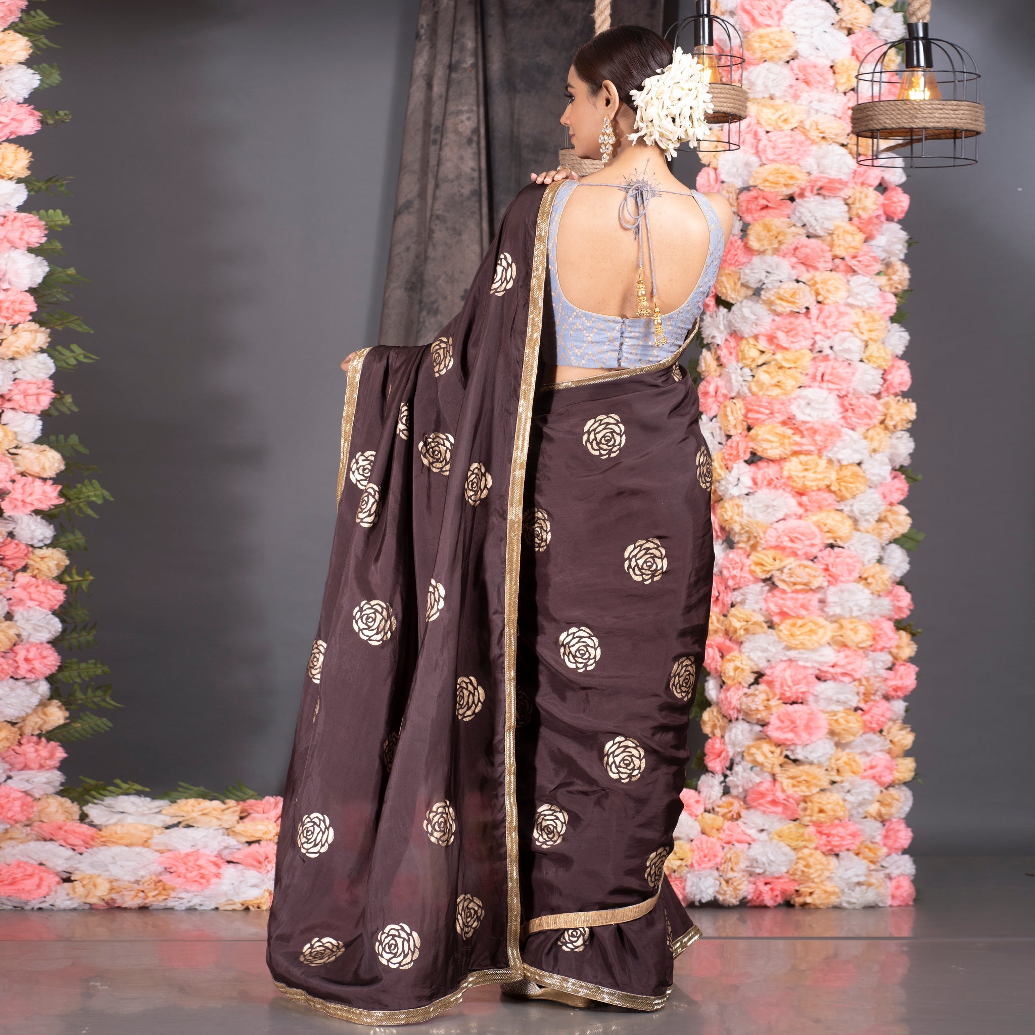 Women's Chocolate Brown Habutai Silk Saree With Gold Print And Hand Embroidered Lace Border - Boveee