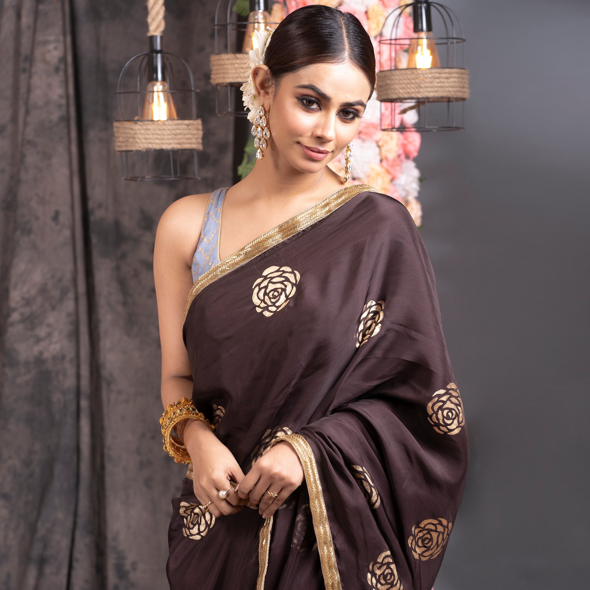 Silk Georgette Embroidered Dark Chocolate Brown Saree With Contrast Ma –  Heritage India Fashions