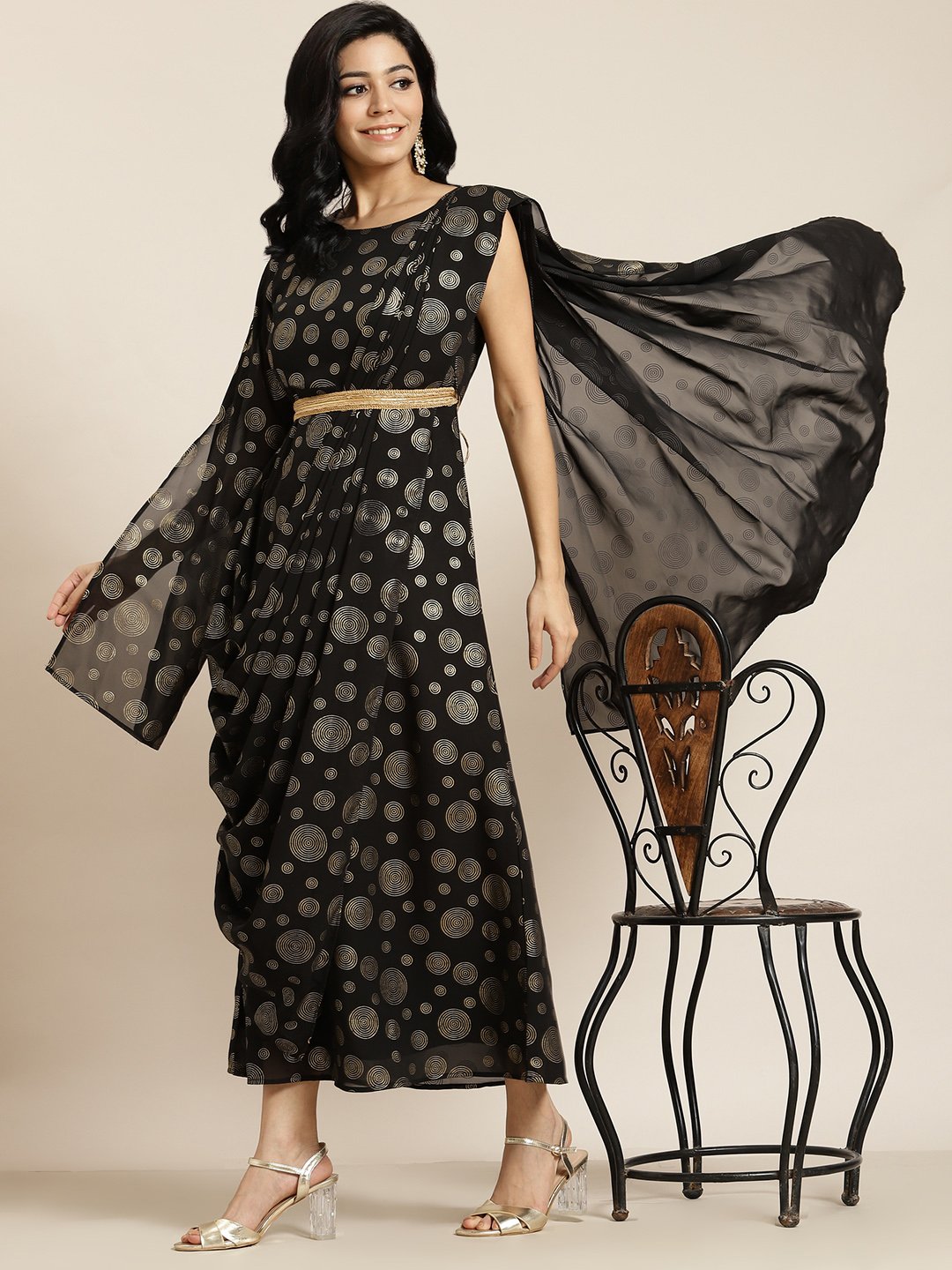 Women's Black Georgette Printed Flared Gown with Drape - Juniper