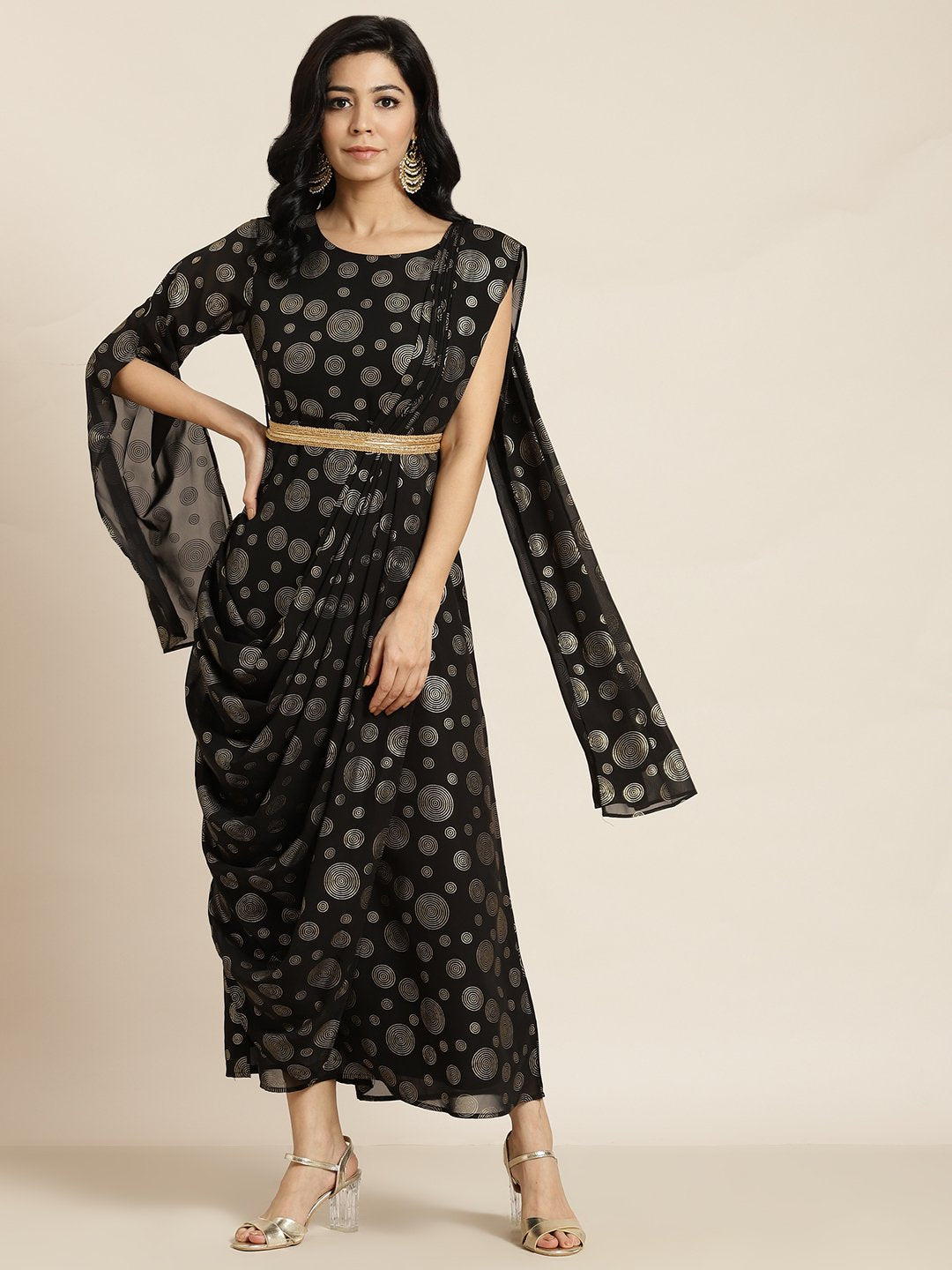 Women's Black Georgette Printed Flared Gown with Drape - Juniper
