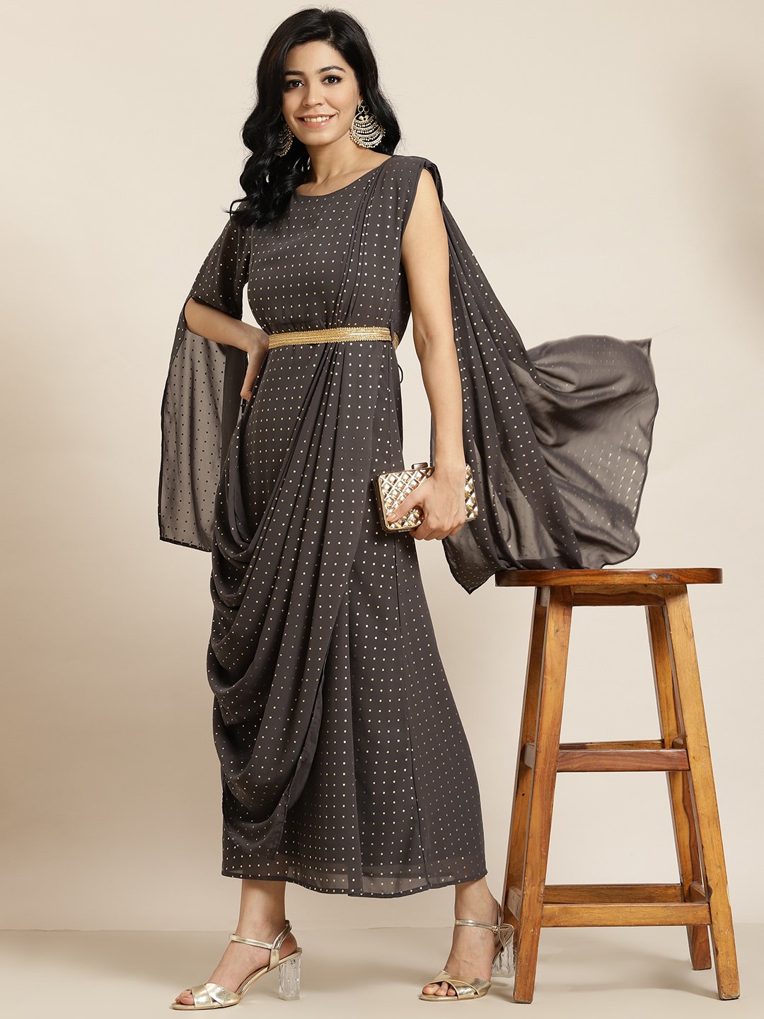 Women's Grey Georgette Printed Flared Gown with Drape - Juniper