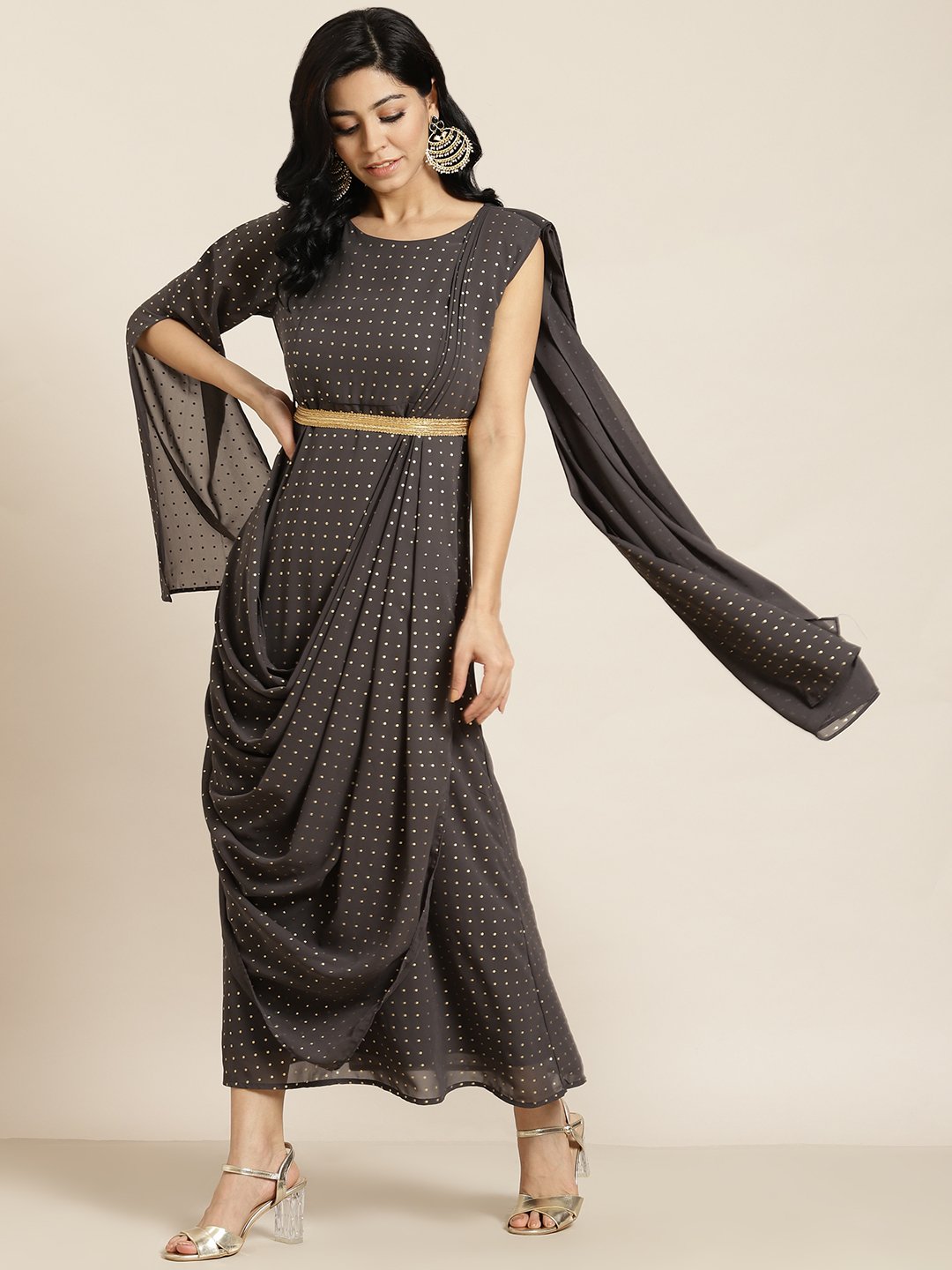 Women's Grey Georgette Printed Flared Gown with Drape - Juniper