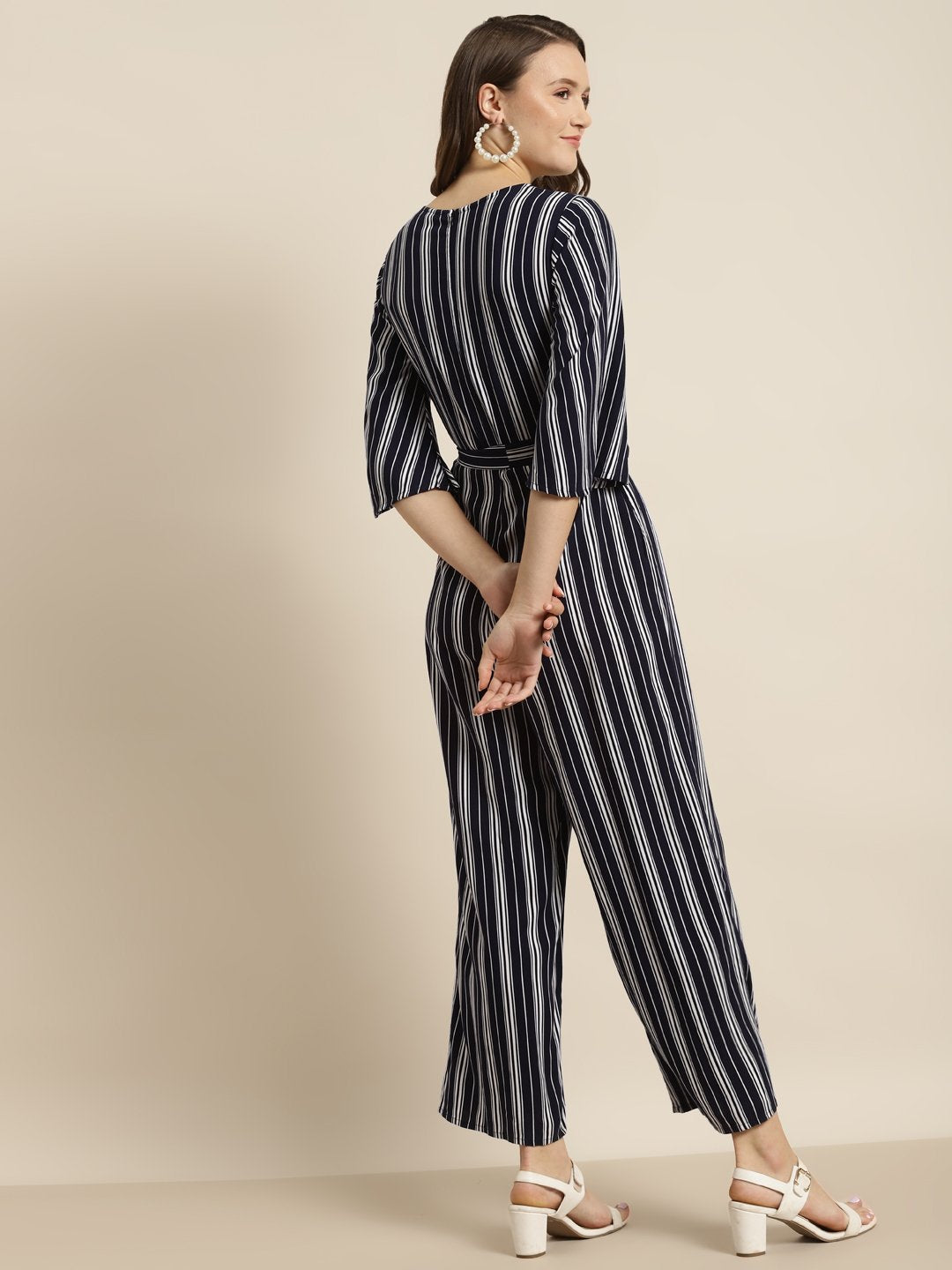 Women's Navy Rayon Stripes Print Jumpsuit - Juniper