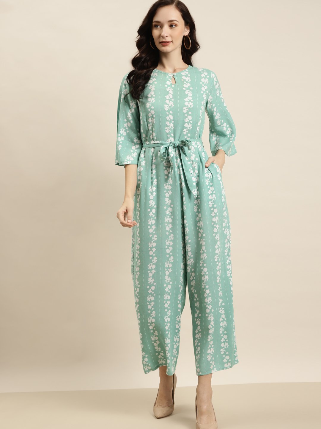 Women's Mint Rayon Printed Jumpsuit with Waist Tie-Up - Juniper