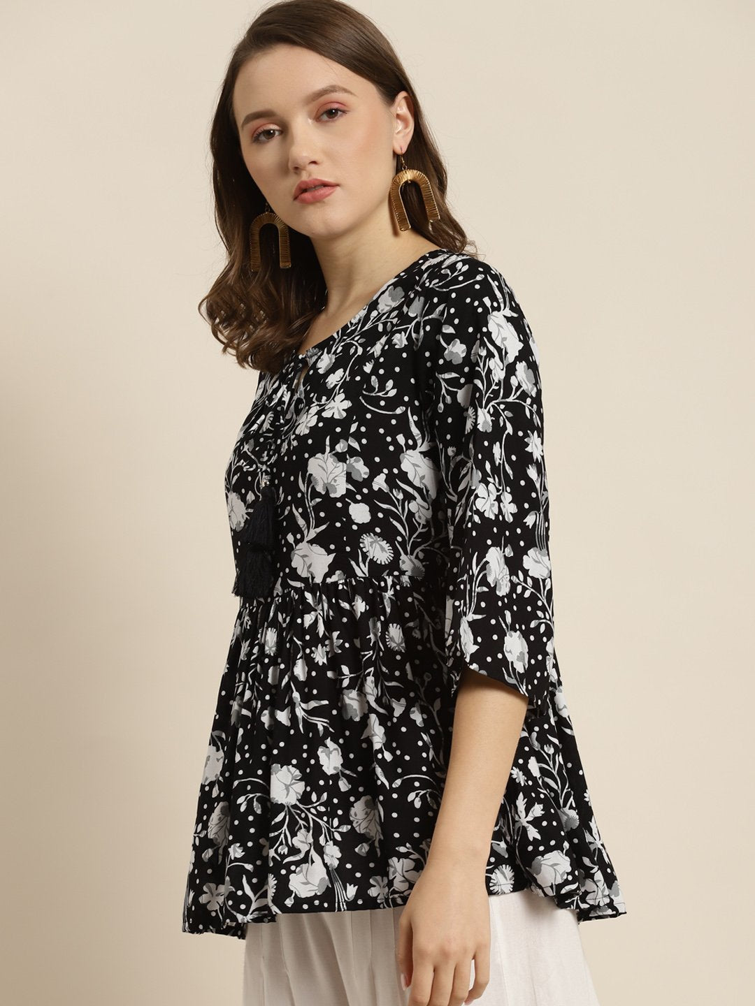 Women's Black Rayon Floral Print Tunic - Juniper