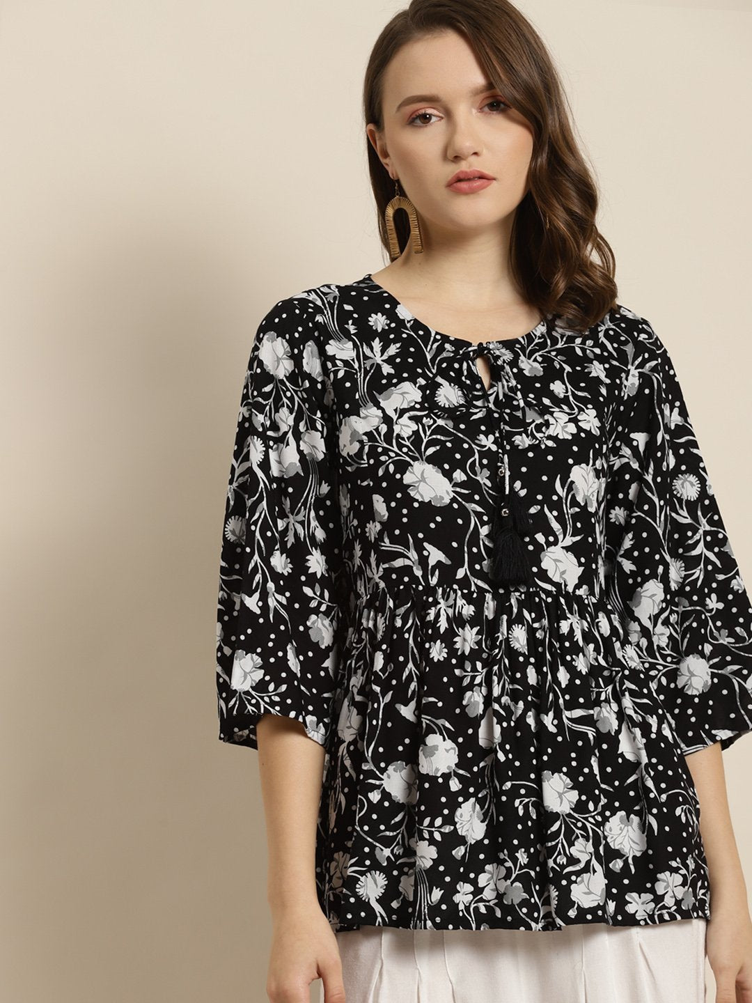 Women's Black Rayon Floral Print Tunic - Juniper