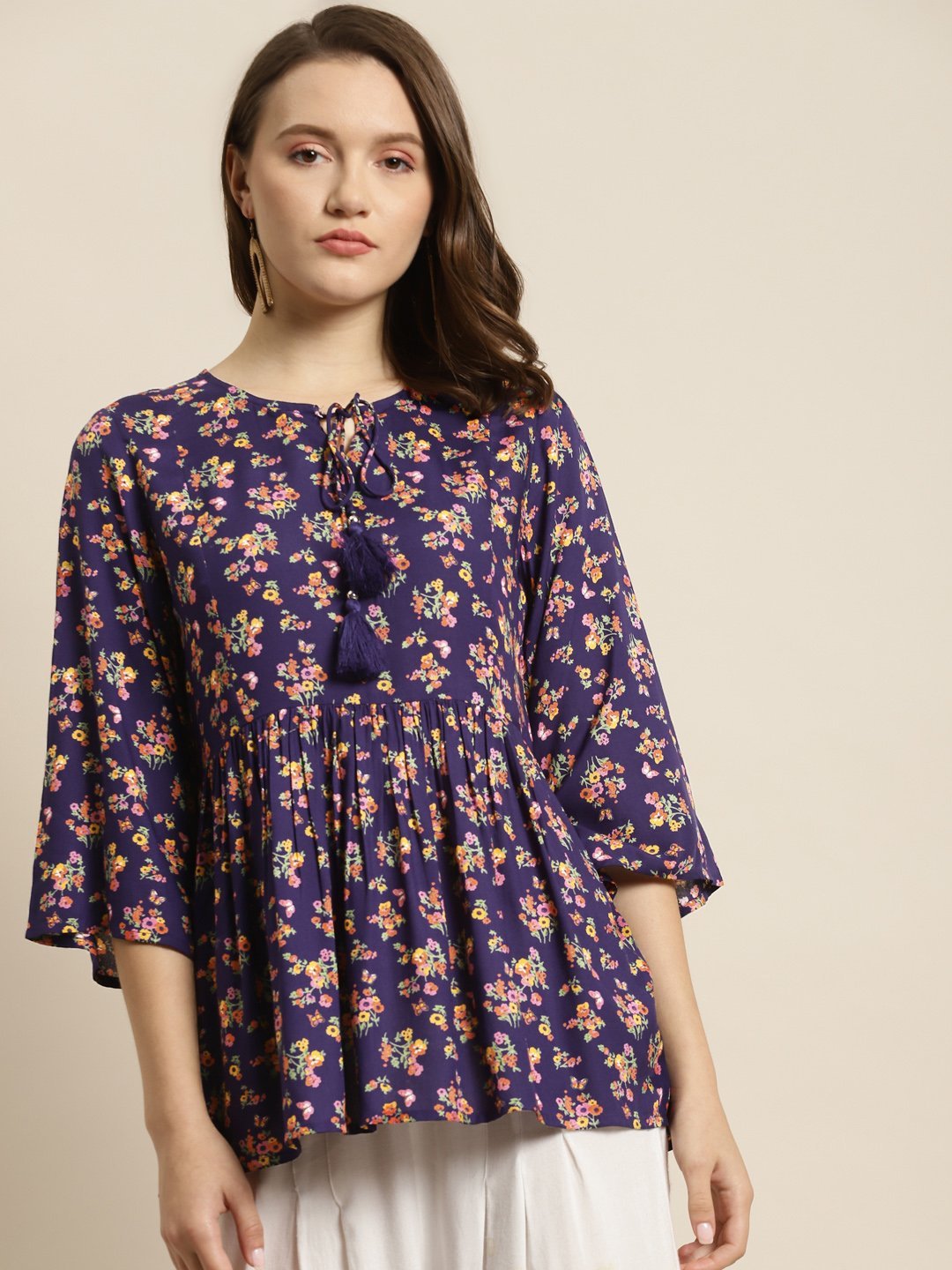 Women's Purple Rayon Floral Print Tunic - Juniper