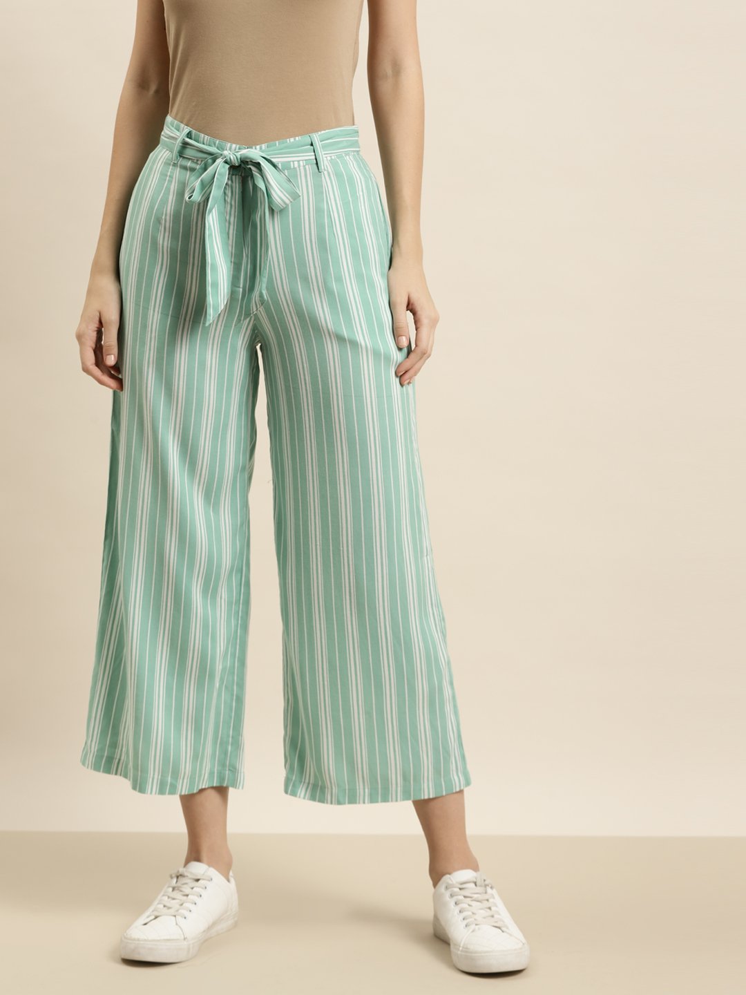 Women's Mint Rayon Striped Straight Palazzo with Waist Tie-up - Juniper