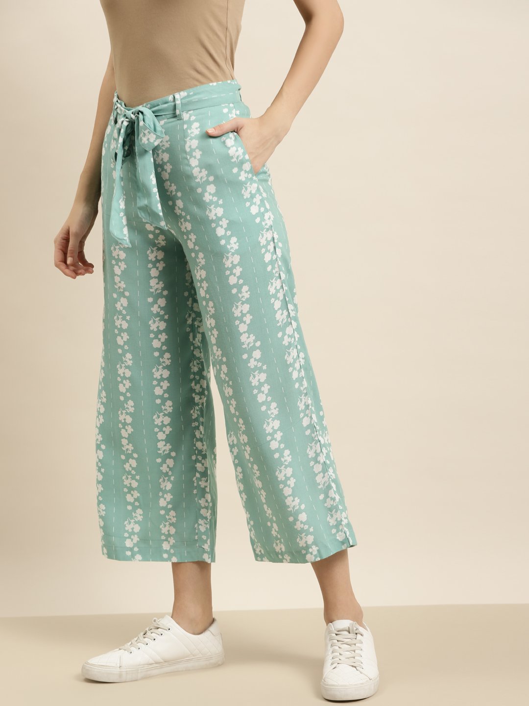 Women's Mint Rayon Printed Straight Palazzo with Waist Tie-up - Juniper