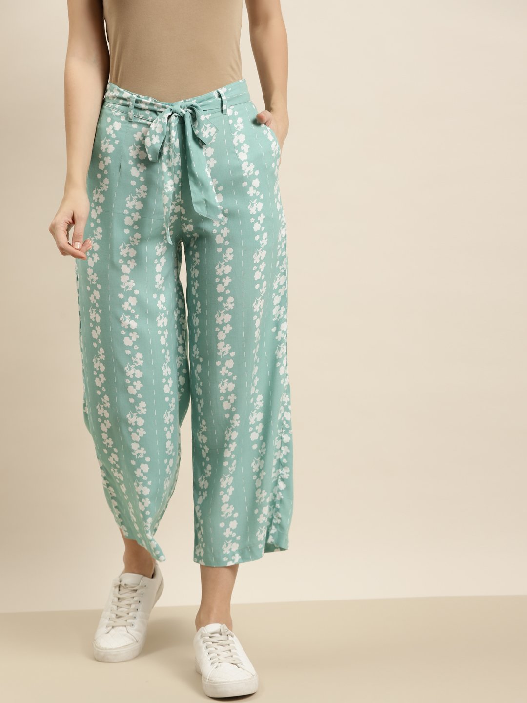 Women's Mint Rayon Printed Straight Palazzo with Waist Tie-up - Juniper