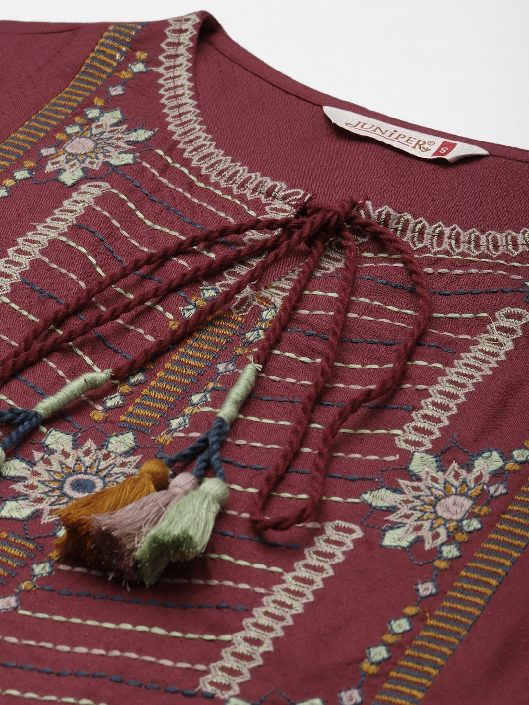 Women's Rayon Dobby Embroidered Peplum Tunic -Juniper