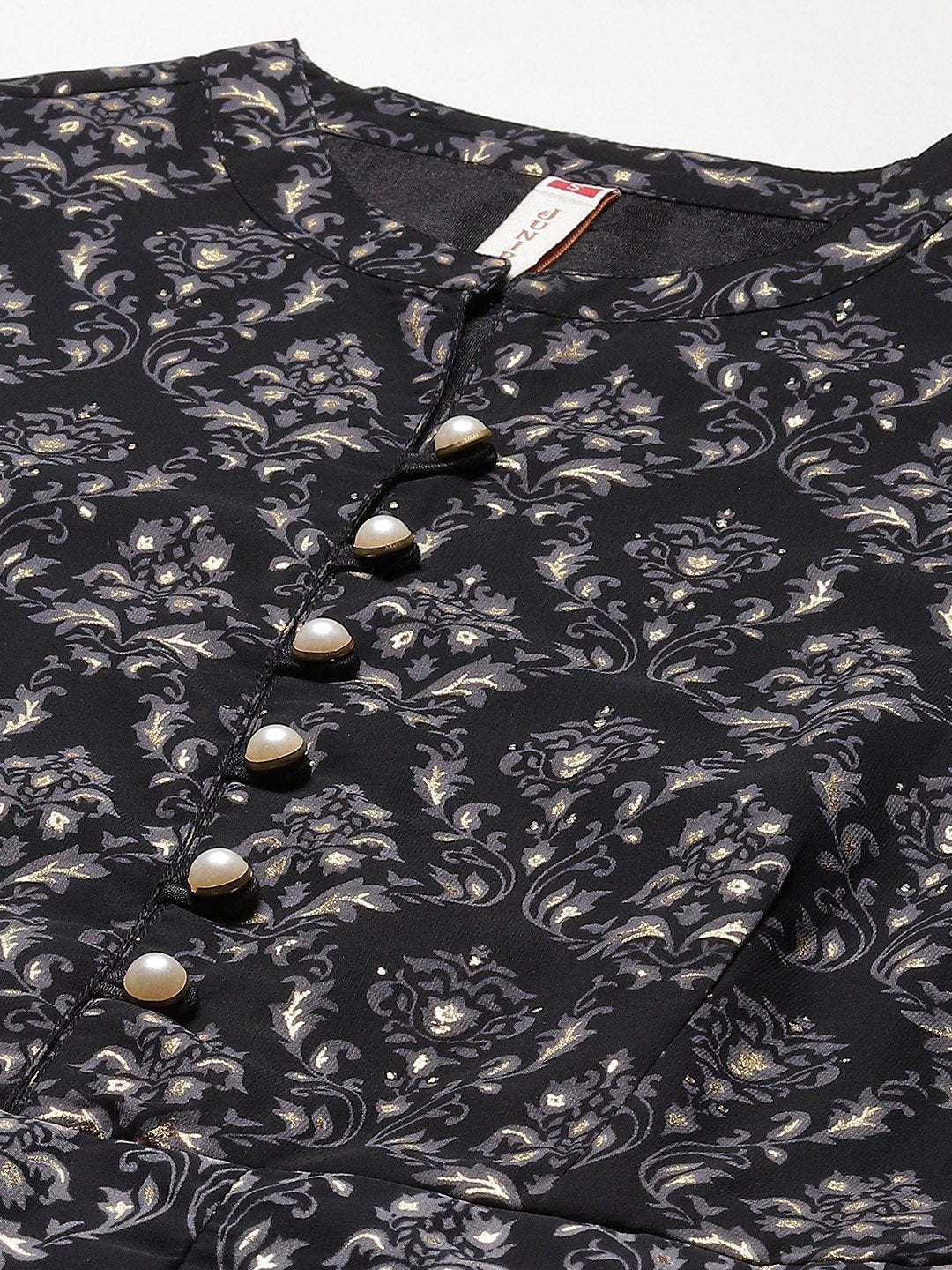 Women's Black Georgette Gold Foil Print Layered Dress - Juniper