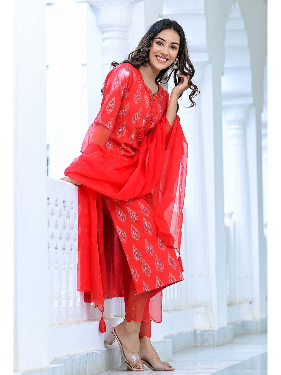 Women's Ruby Red Hand Block Suit Set - Hatheli