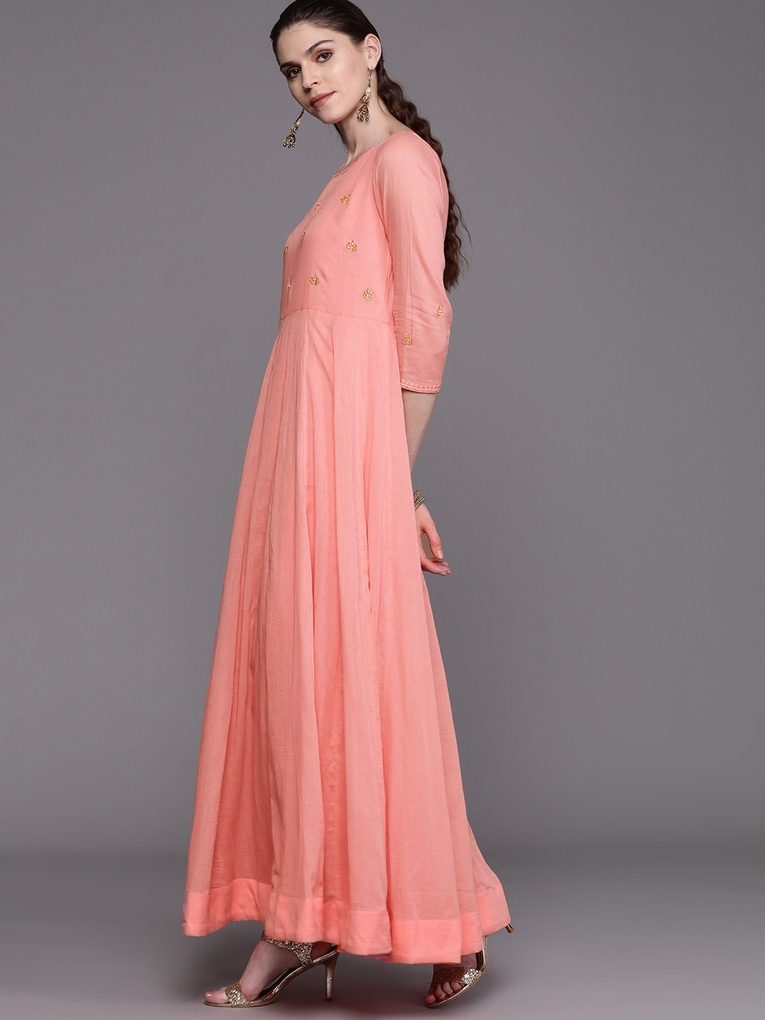 Women's  Peach-Coloured & Golden Yoke Design Anarkali Kurta With Dupatta - AKS