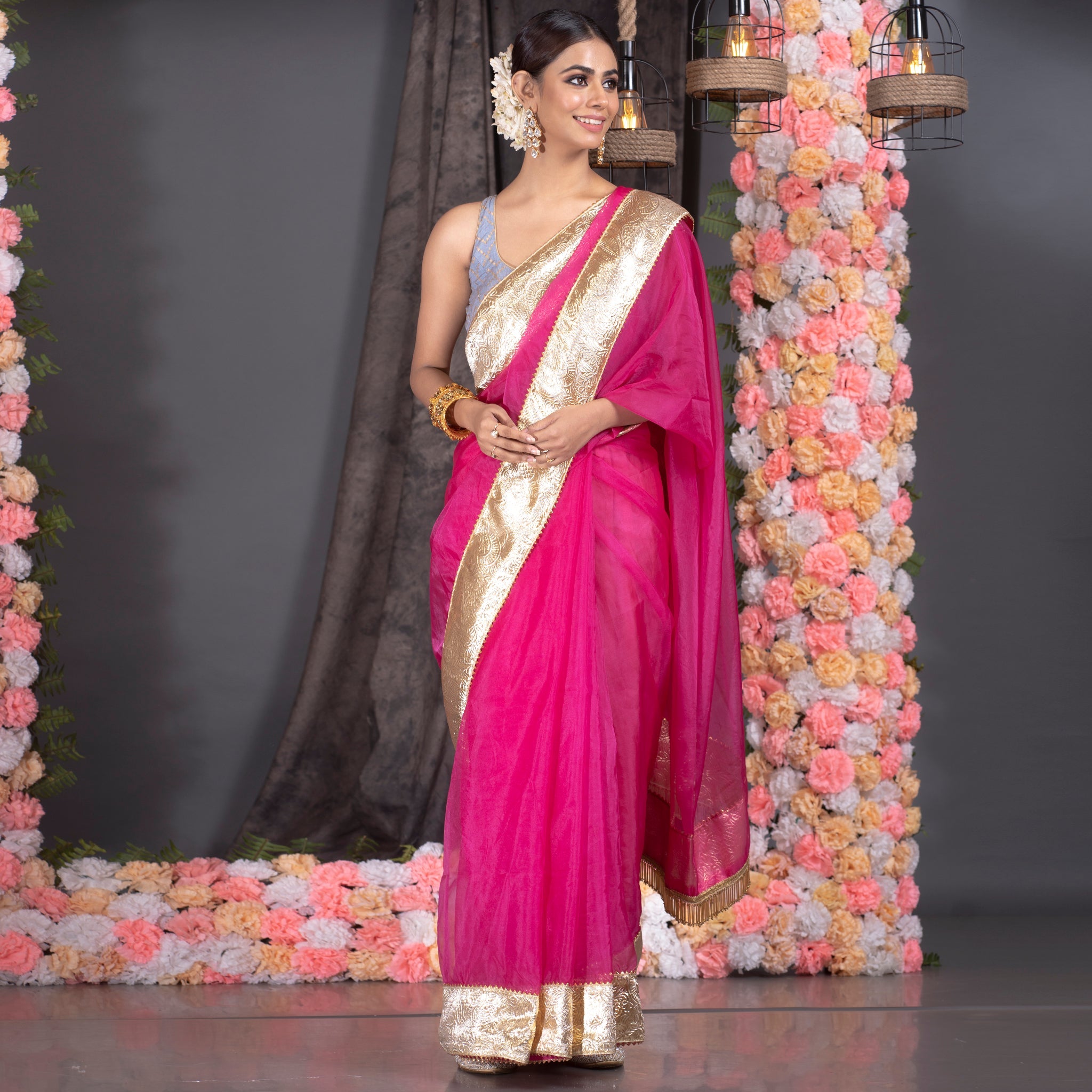 Women's Hot Pink Organza Saree With Gold Gota Border And Fringe Lace - Boveee