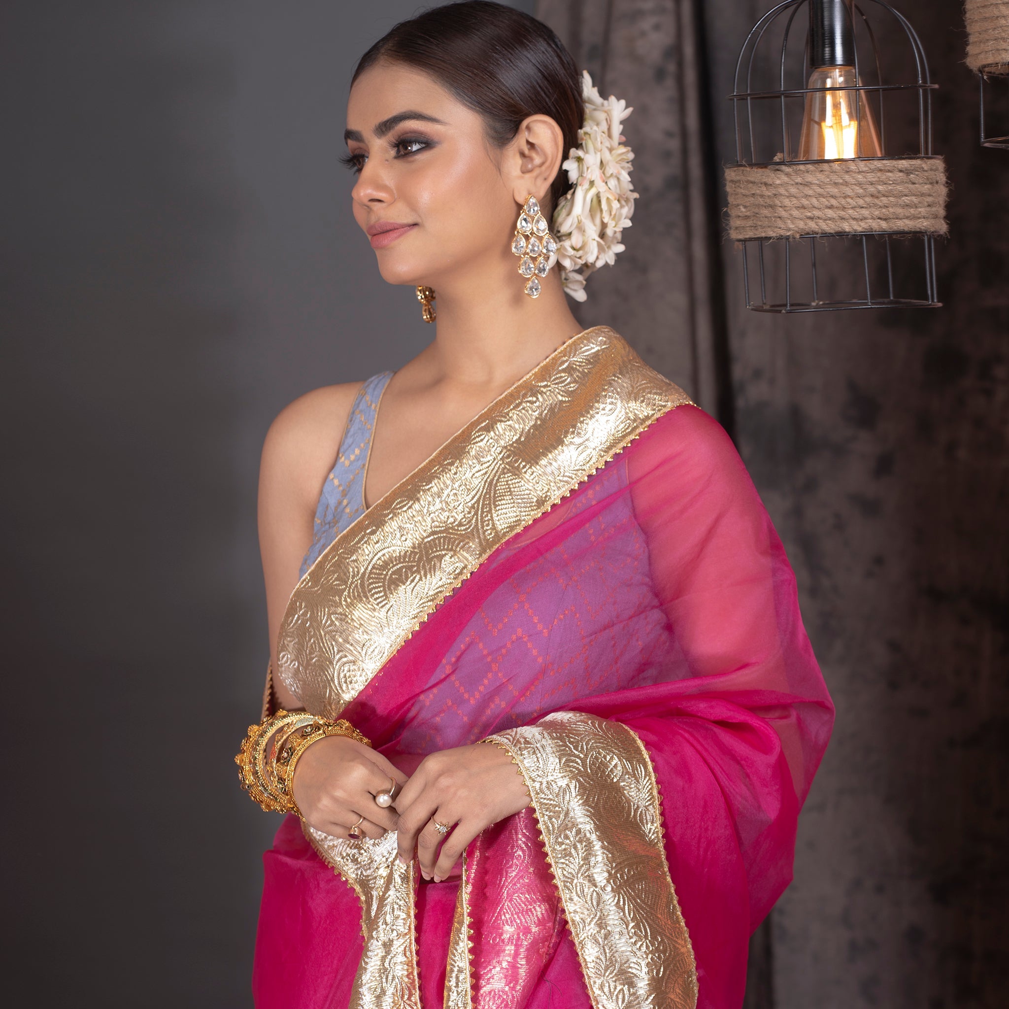 Women's Hot Pink Organza Saree With Gold Gota Border And Fringe Lace - Boveee