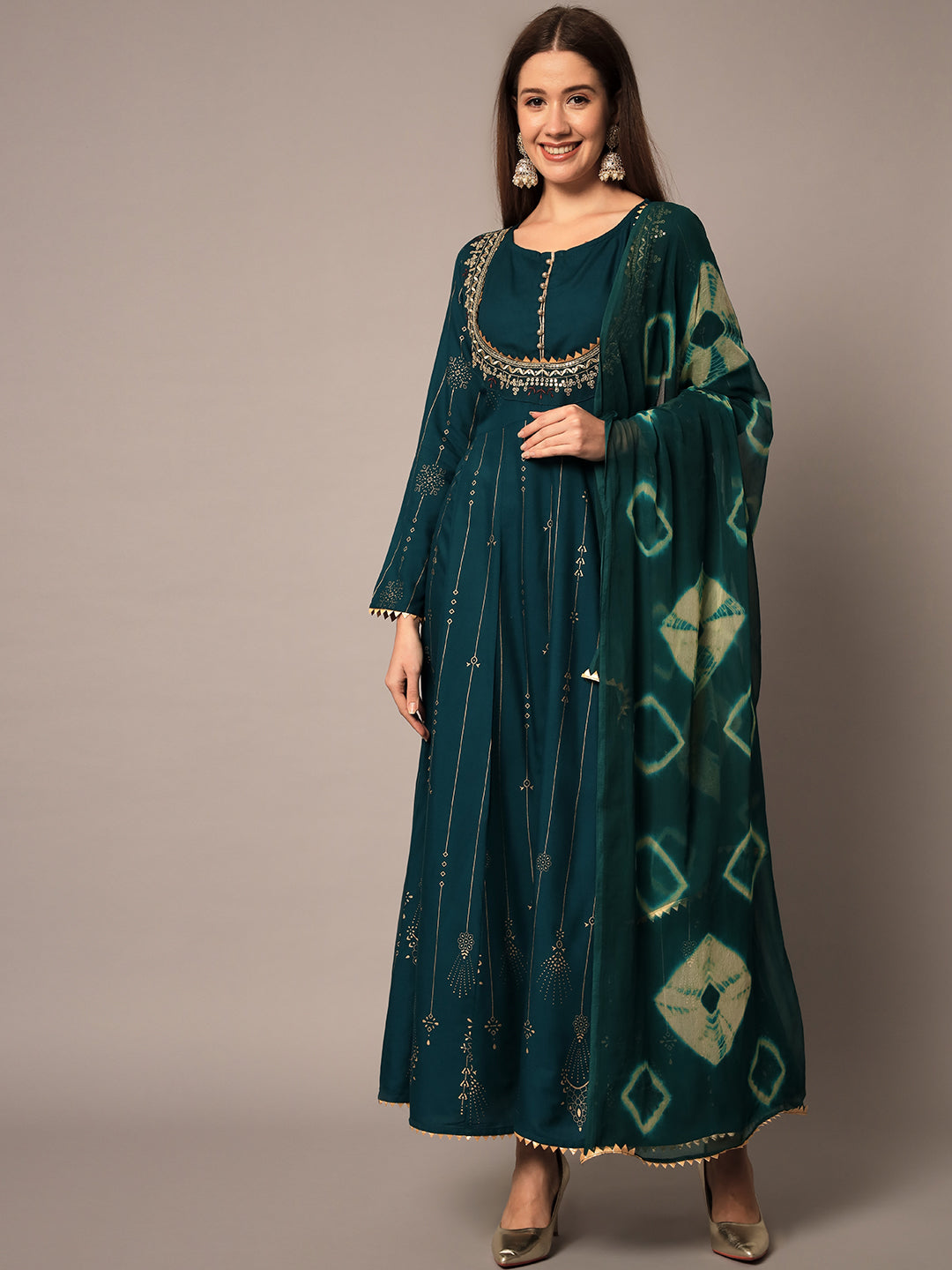 Women's  & Bottle Green Ethnic Motifs Maxi Dress - Meeranshi