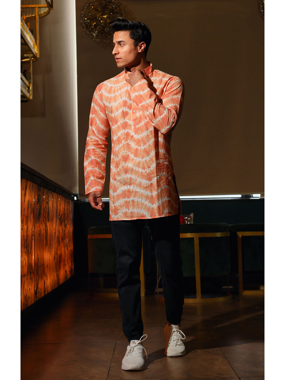 Men's Light Orange Bandhani Short Cotton Kurta - Hatheli
