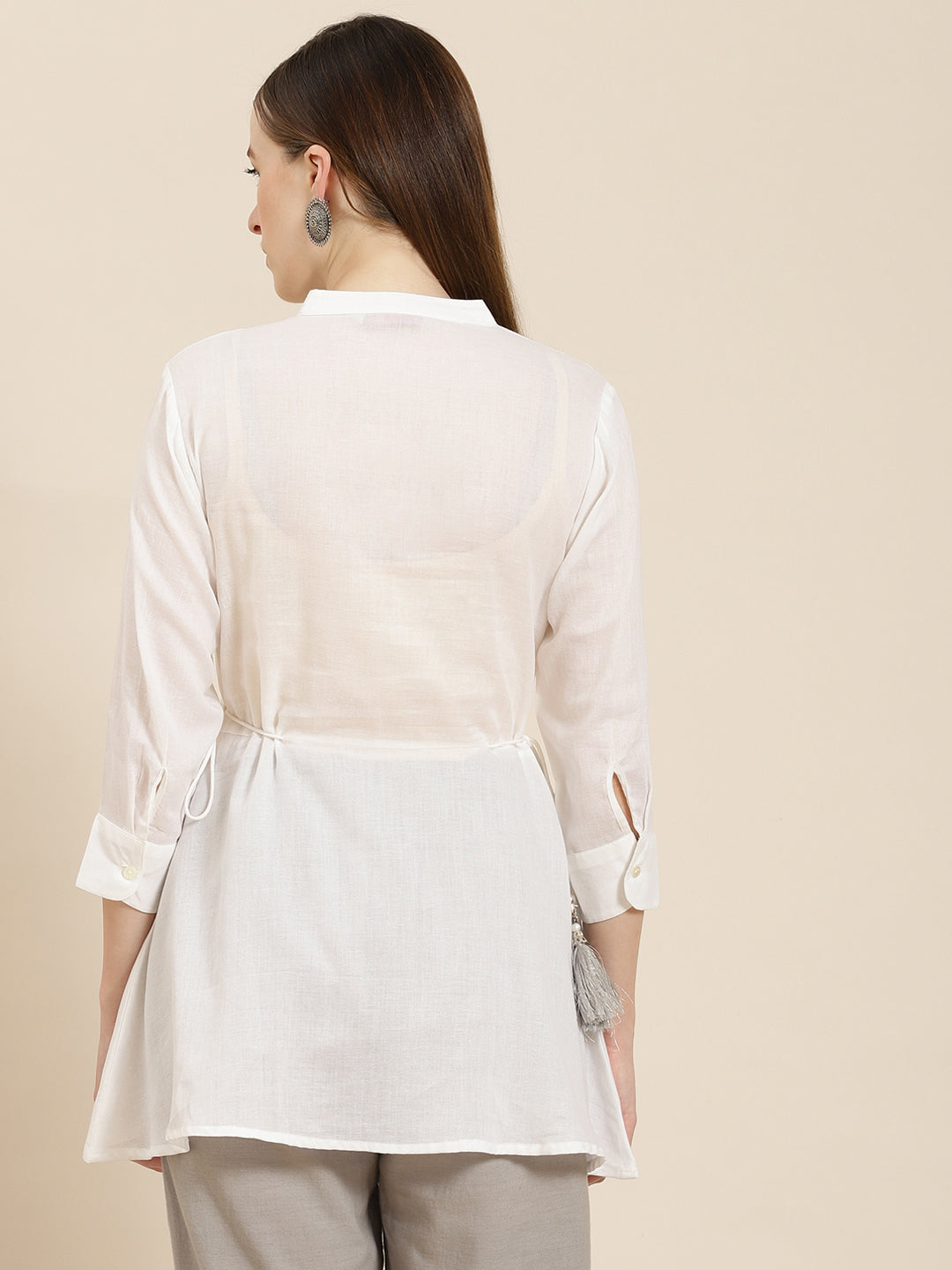 Women's  White Cotton Moss Embroidered A-Line Tunic - Juniper
