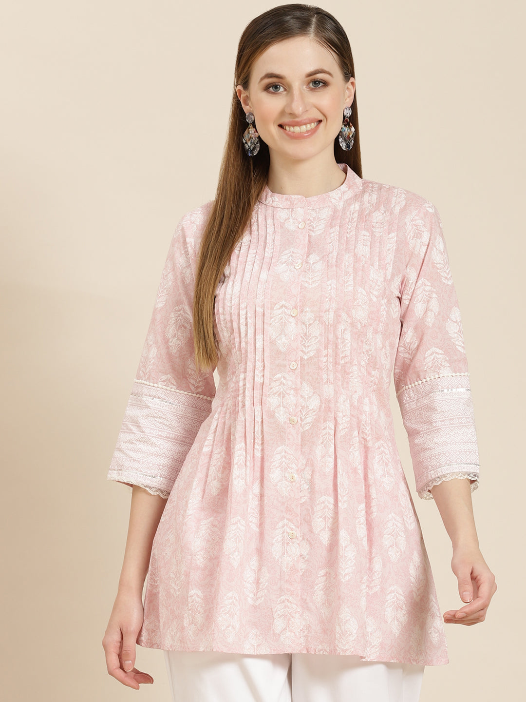 Women's  Babypink Cambric Printed A-Line Tunic - Juniper
