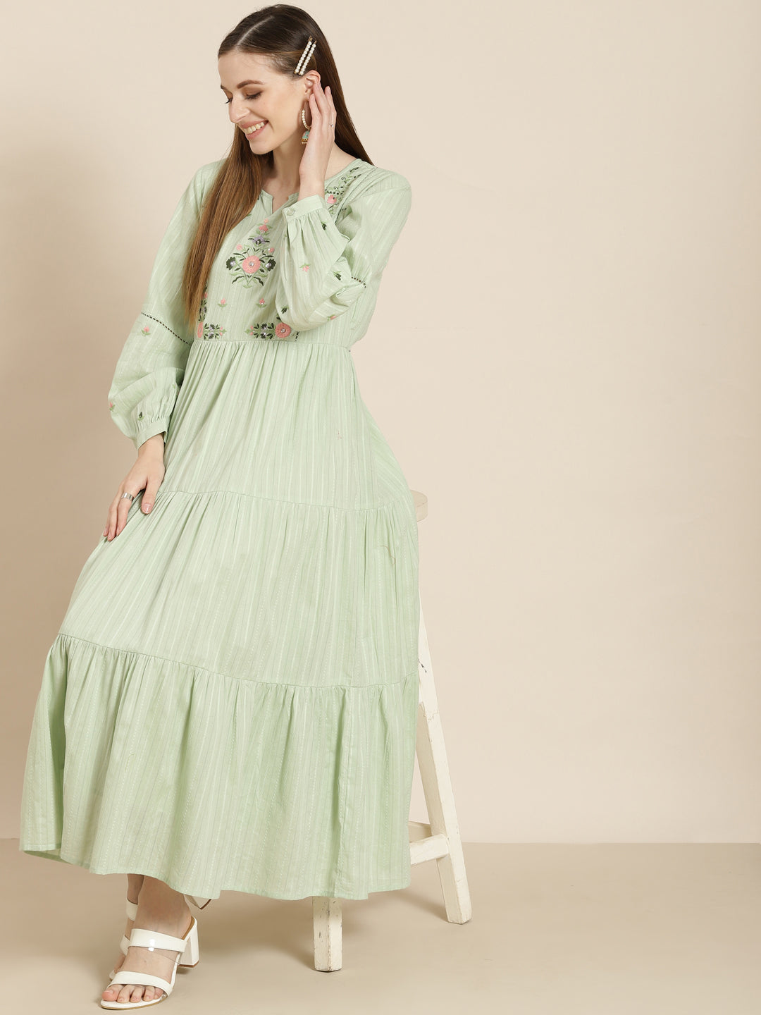 Women's  Sagegreen Cotton Dobby Embroidered Tiered Dress - Juniper