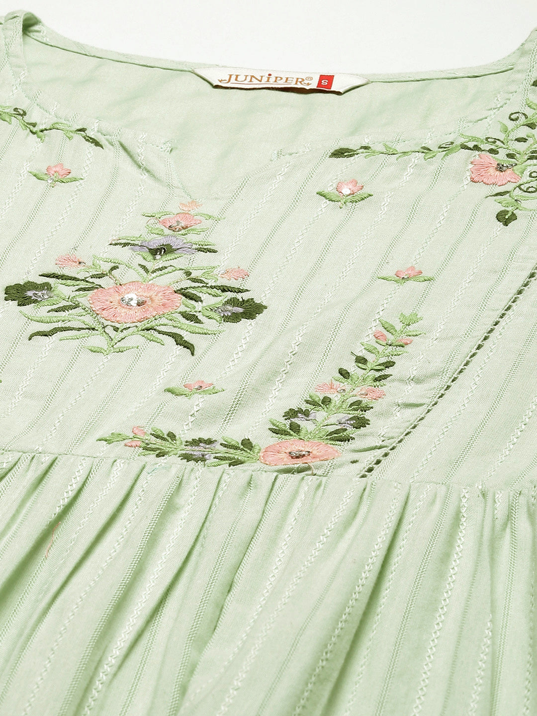 Women's  Sagegreen Cotton Dobby Embroidered Tiered Dress - Juniper