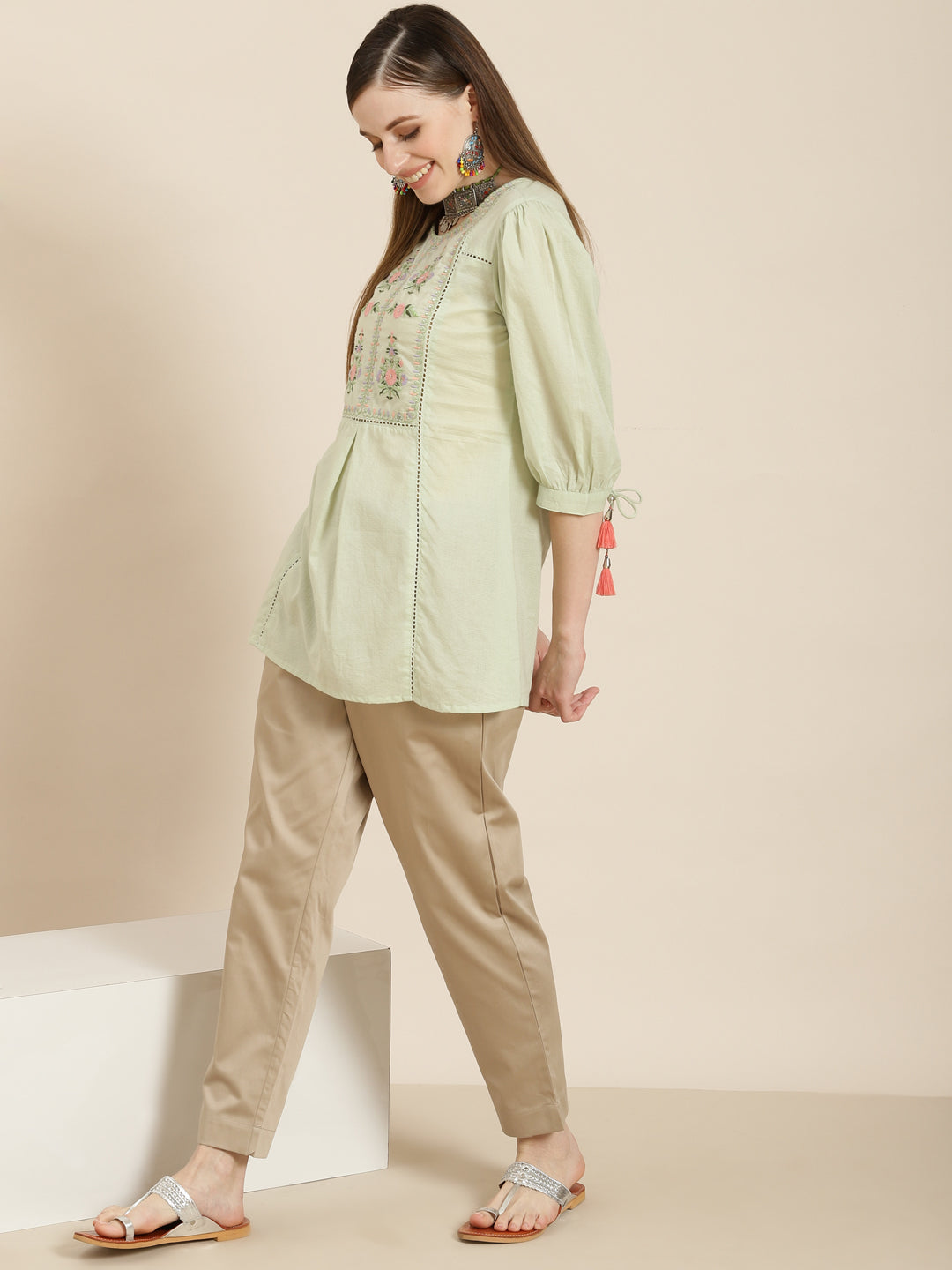 Women's  Sagegreen Cotton Dobby Embroidered A-Line Tunic - Juniper