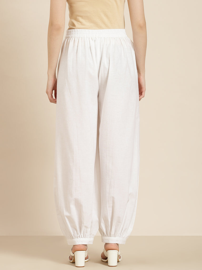 Women's  White Cotton Flex Solid Stylized Dhoti Pant