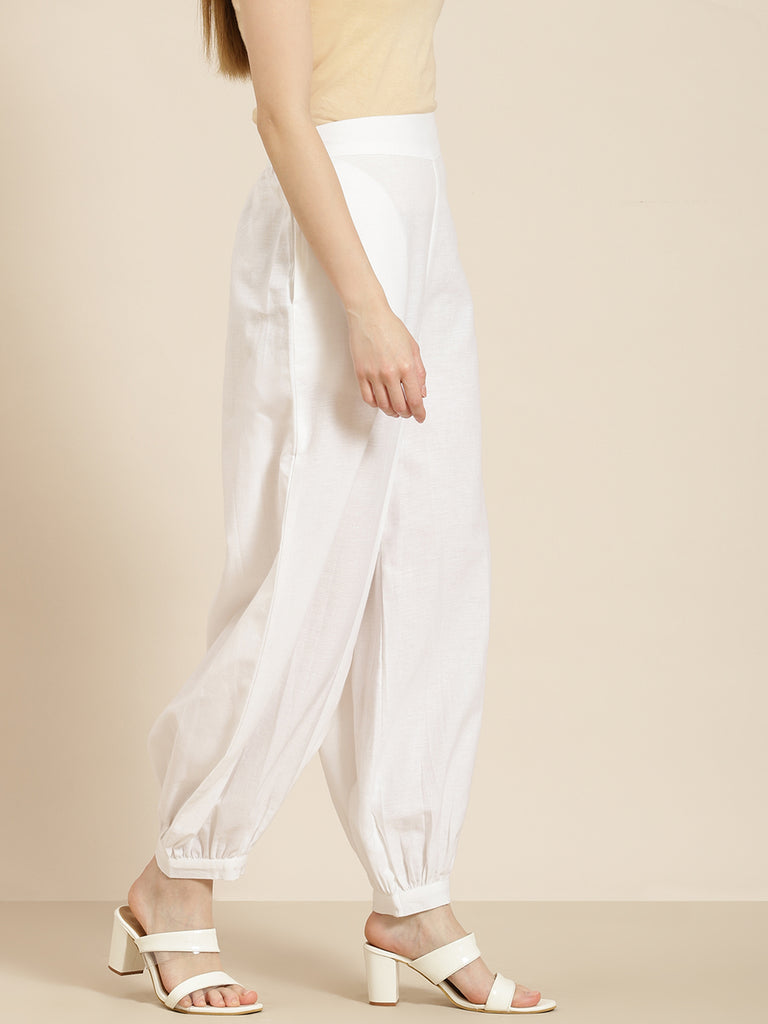 Women's  White Cotton Flex Solid Stylized Dhoti Pant