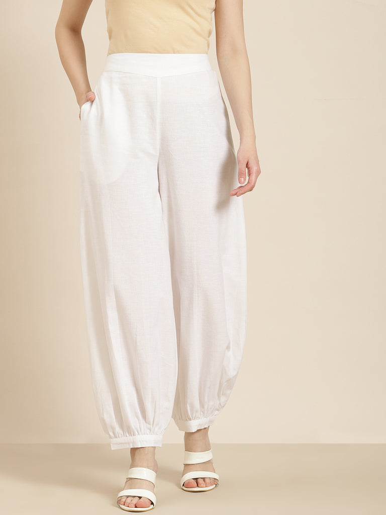 Women's  White Cotton Flex Solid Stylized Dhoti Pant