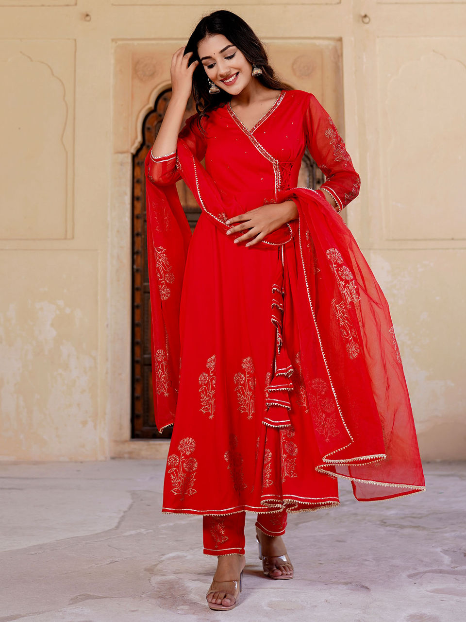 Women's Bright Red Mugal Anarkali Suit Set - Hatheli