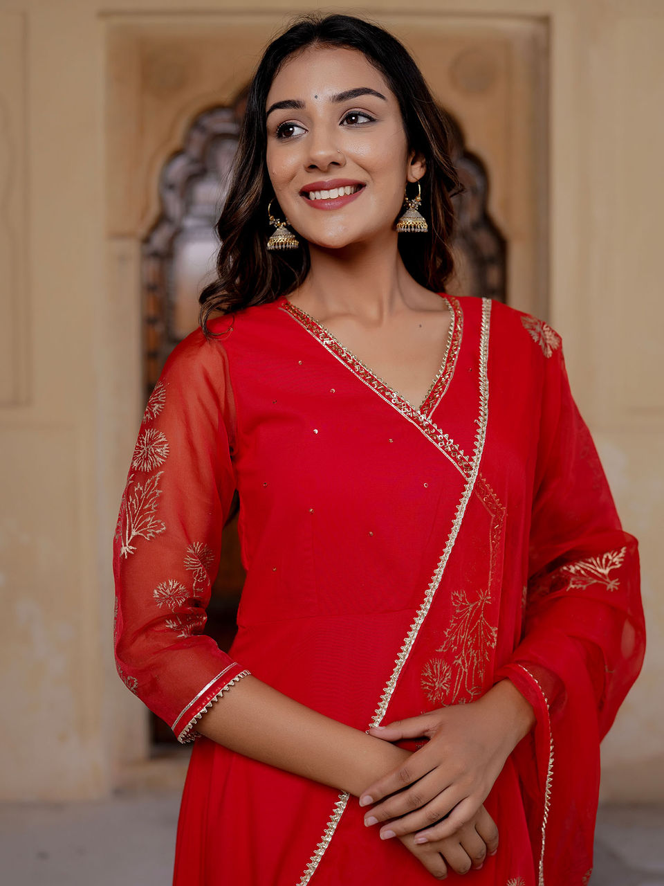Women's Bright Red Mugal Anarkali Suit Set - Hatheli
