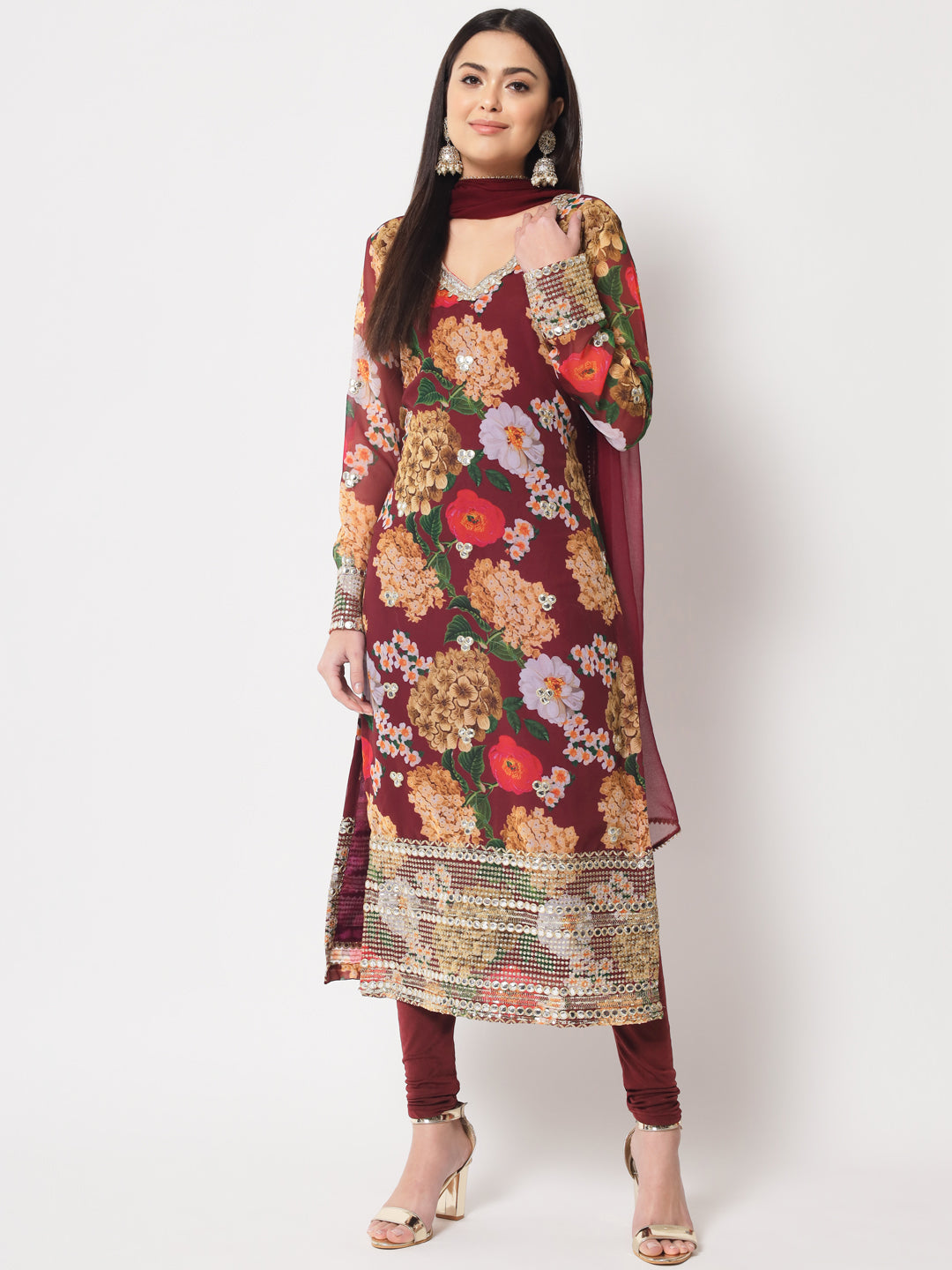 Women's Wine Floral Printed Embroidered Kurti With Churidaar And Dupatta - Anokherang
