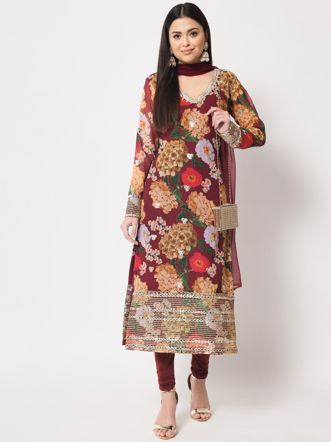 Women's Wine Floral Printed Embroidered Kurti With Churidaar And Dupatta - Anokherang