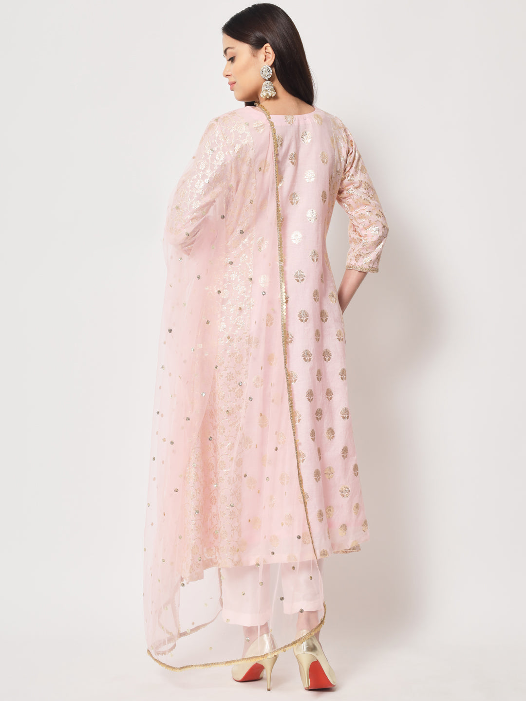 Women's Pink Lotus Chanderi Brocade A-Line Kurti With Pants And Dupatta - Anokherang