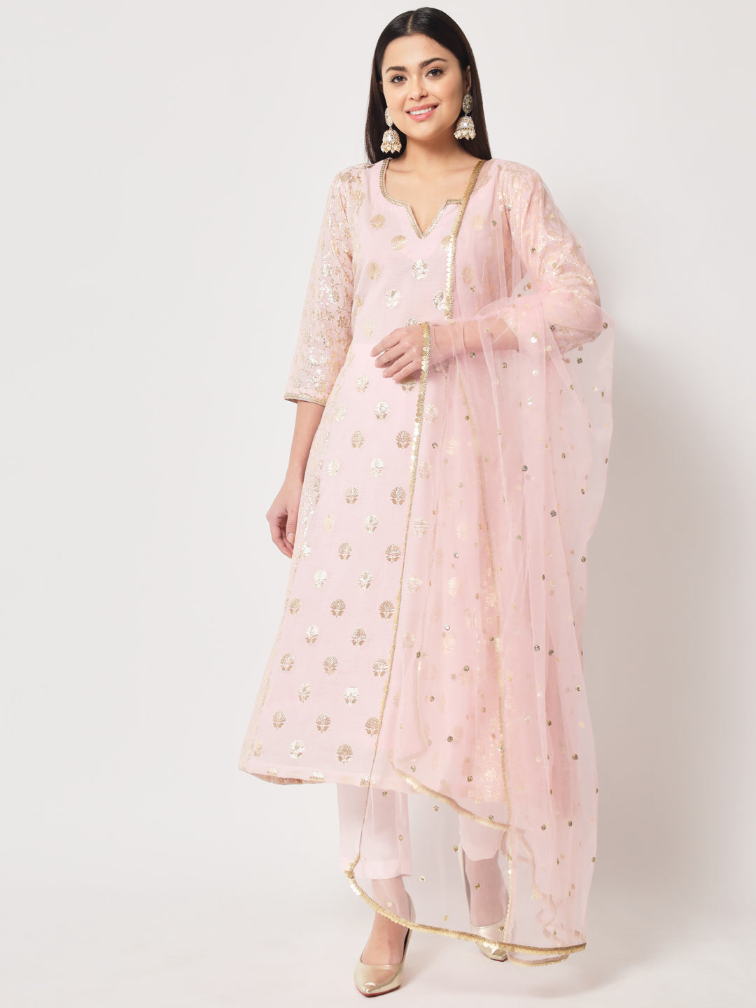 Women's Pink Lotus Chanderi Brocade A-Line Kurti With Pants And Dupatta